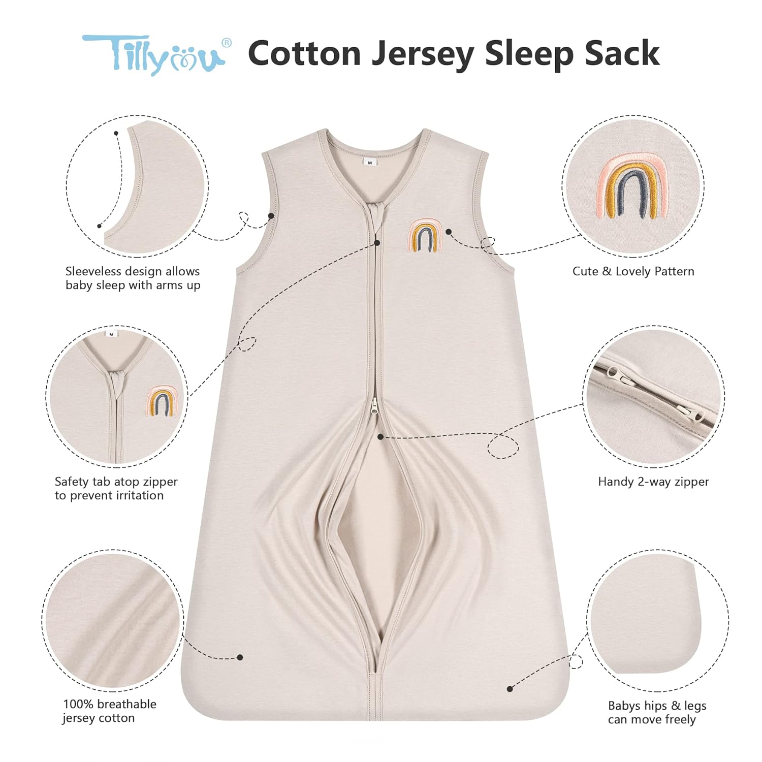 TILLYOU Saco de dormir – Paquete de 2 mantas para bebé con cremallera de 2 vías, saco de dormir extrasuave de algodón sin mangas para bebés, 12-18