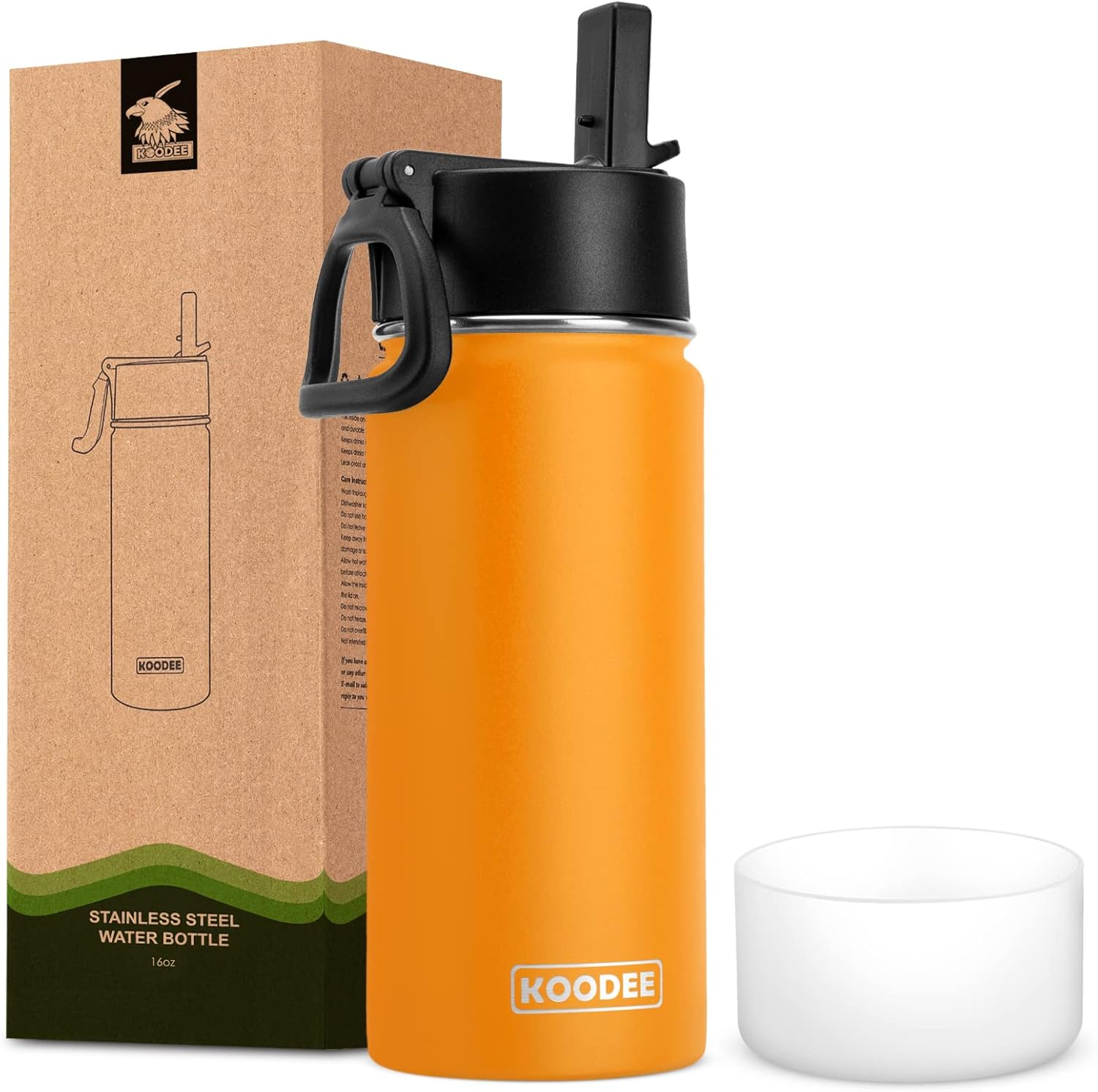 koodee Botella de agua con pajita, 16 onzas, acero inoxidable, doble pared aislada al vacío, botella de agua deportiva de metal para la escuela