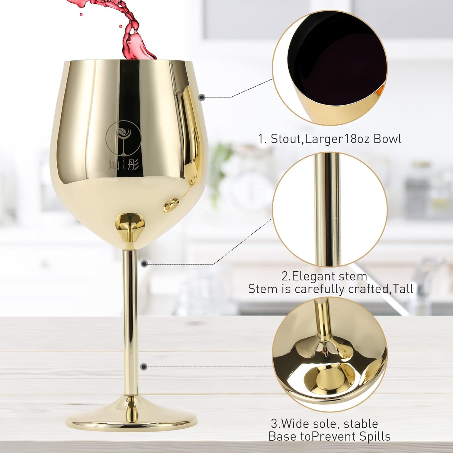 CANTONG Copas de vino tinto, juego de 2 copas de vino, copas de vino doradas irrompibles