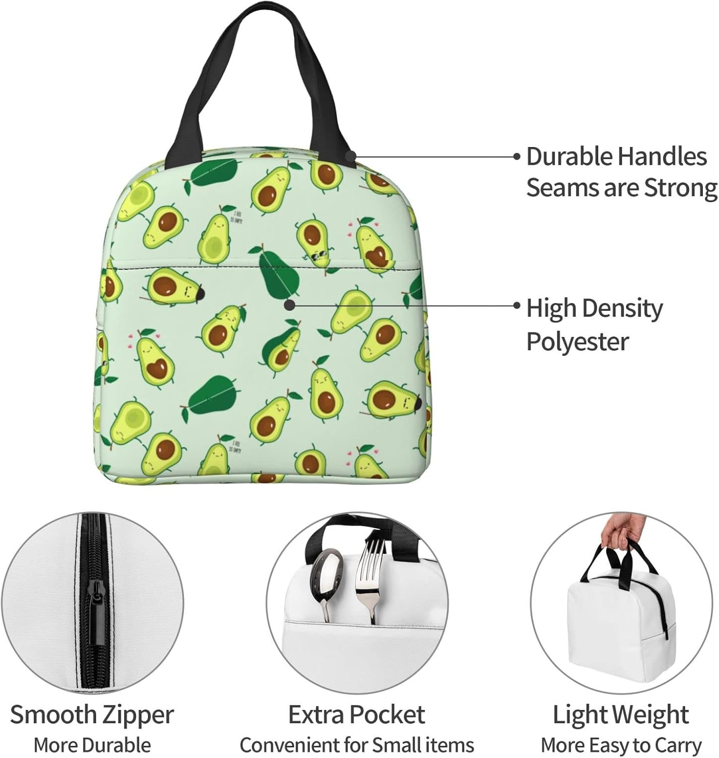Linda bolsa de almuerzo de frutas divertidas con aguacate, lonchera aislada, reutilizable, impermeable, portátil, bolsa de almuerzo para mujeres,