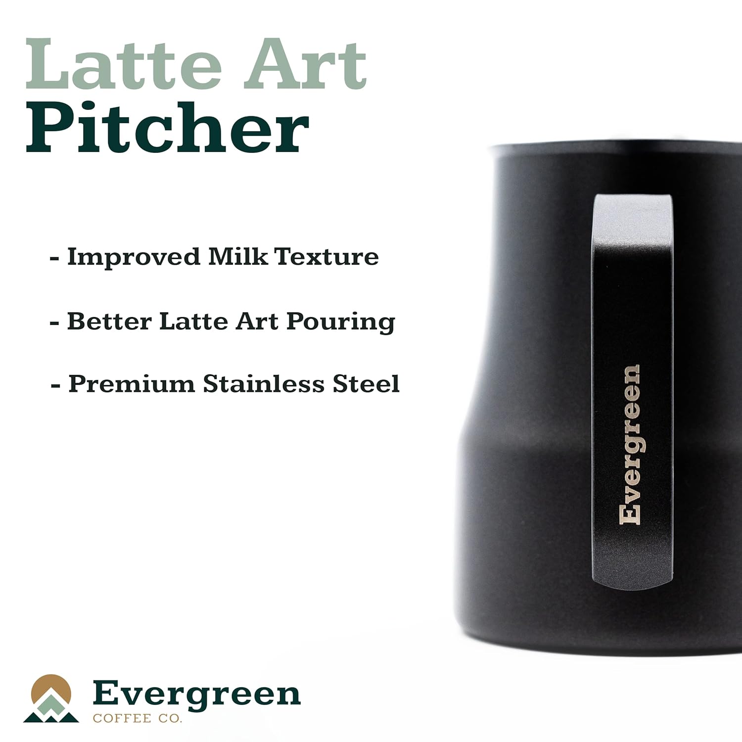Evergreen Café  Accesorios para café expreso  Jarra de leche Precision Latte Art, 16 onzas, acero inoxidable de grado comercial, jarra de espuma de