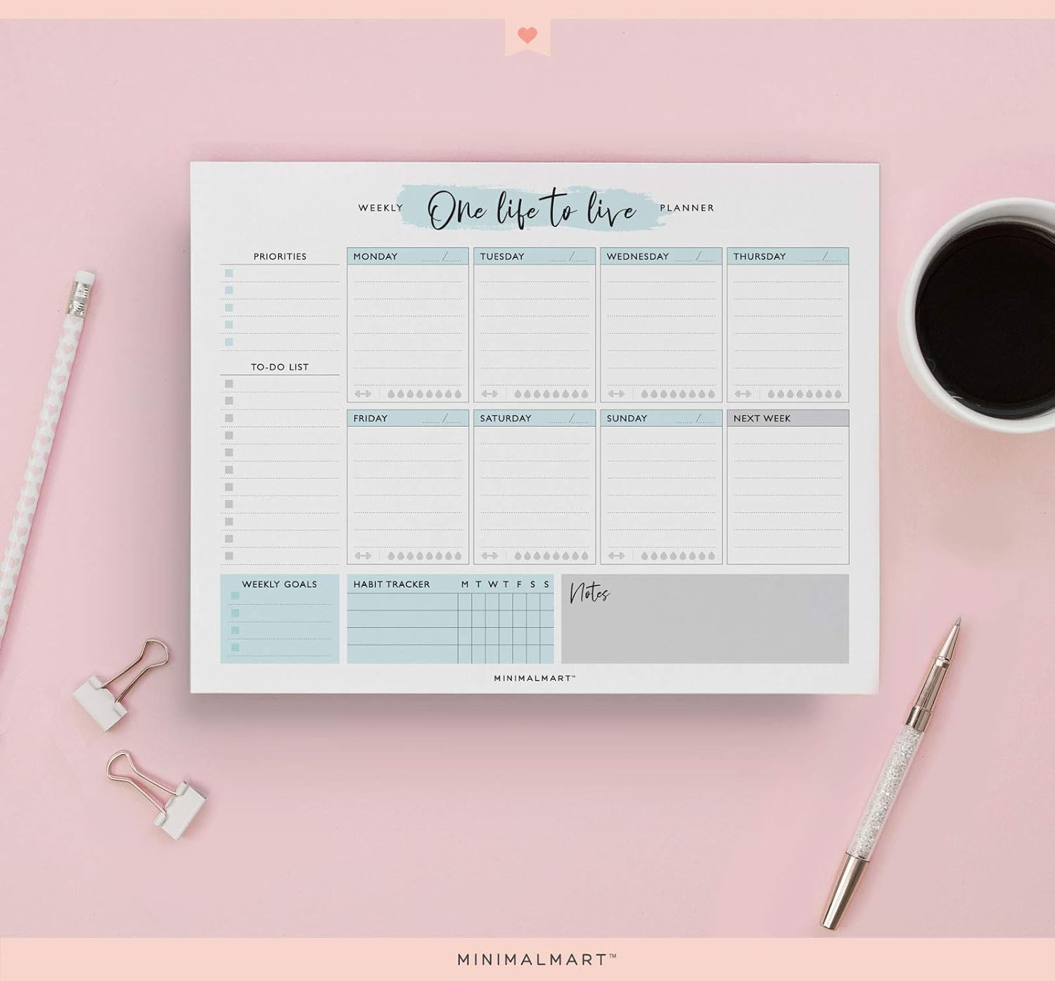Planificador semanal lindo  50 hojas sin fecha  Calendario de productividad personal organizador para tareas diarias, citas, preparación de comidas,