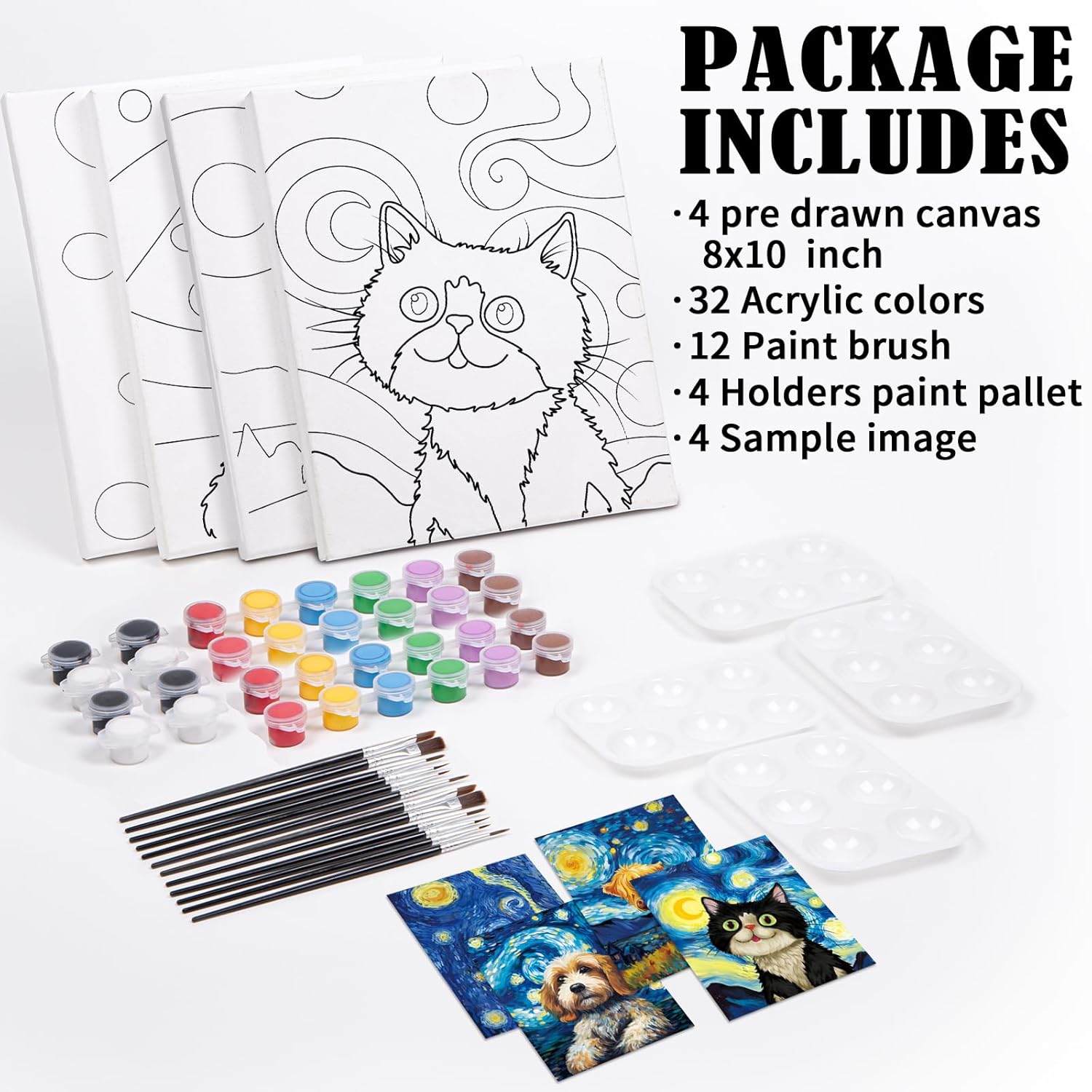 VOCHIC Paquete de 4 kits de sorbo y pintura, lienzo predibujado para pintar para adultos, niños, noche de niñas, kit de pintura para parejas, juegos