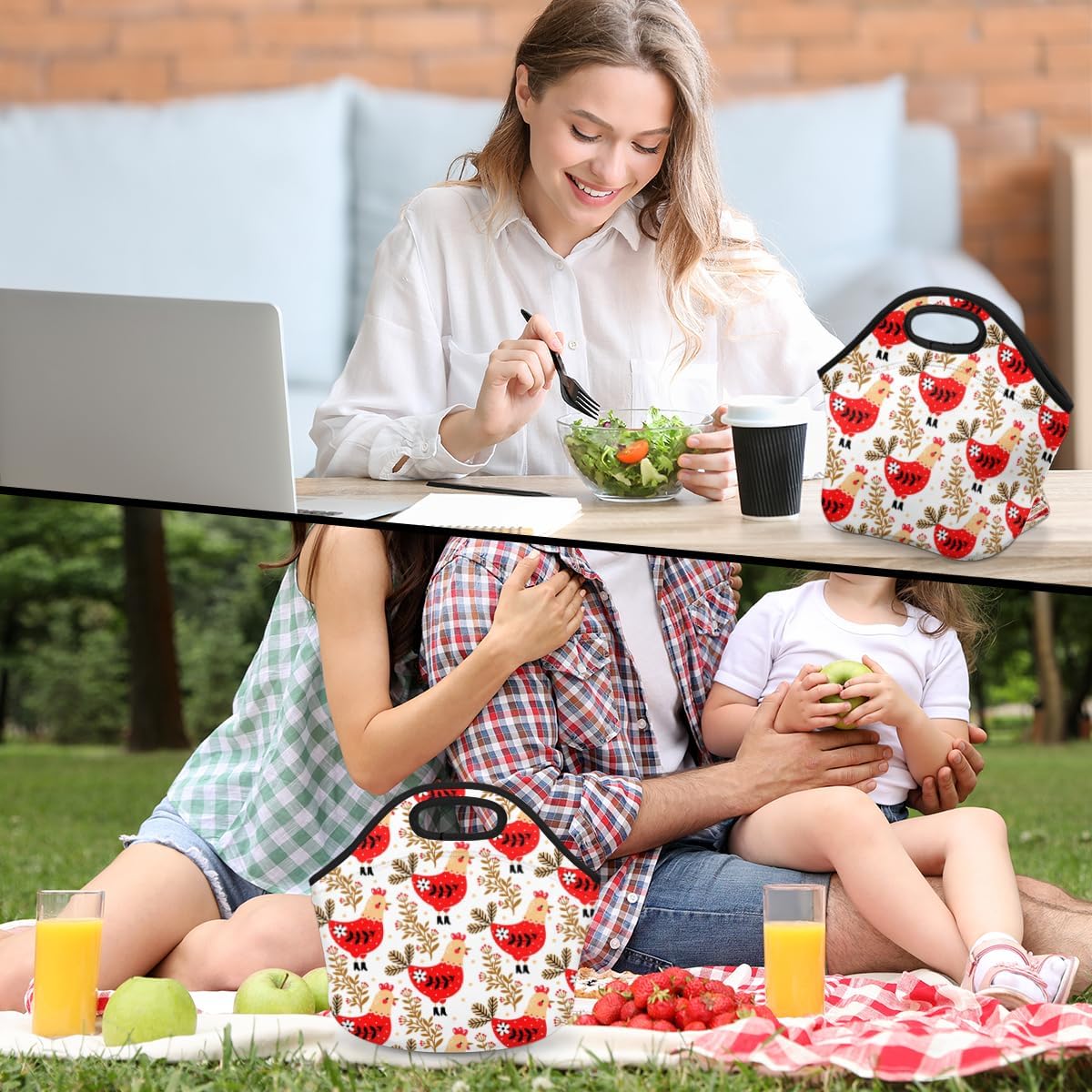 Bolsa de almuerzo de neopreno con diseño de flores de pollo, suave, lavable, reutilizable, aislada, ligera, para preparación de comidas, para
