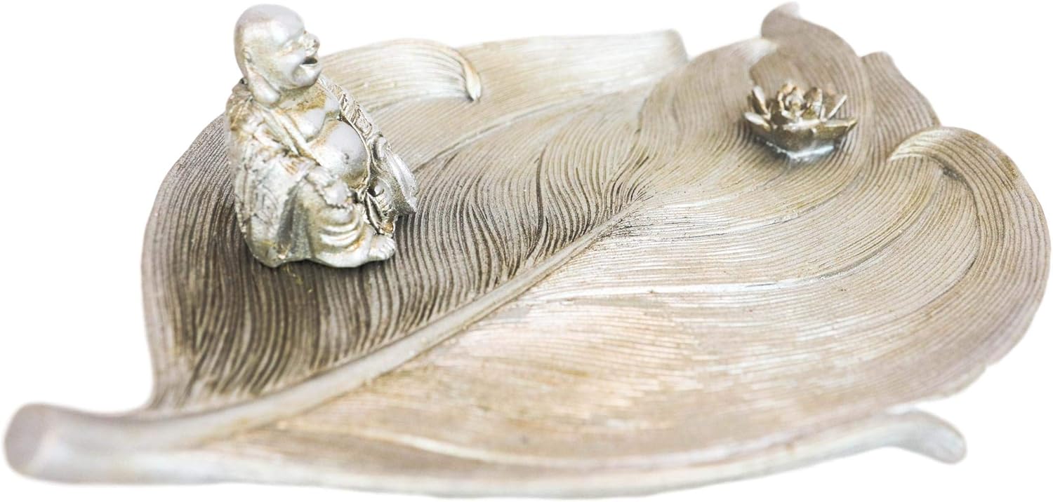 Ebros Gift Buddhism Hotei Laughing Buddha sentado en Bodhi hoja de árbol con flor de loto incienso soporte quemador figura Zen Feng Shui hogar