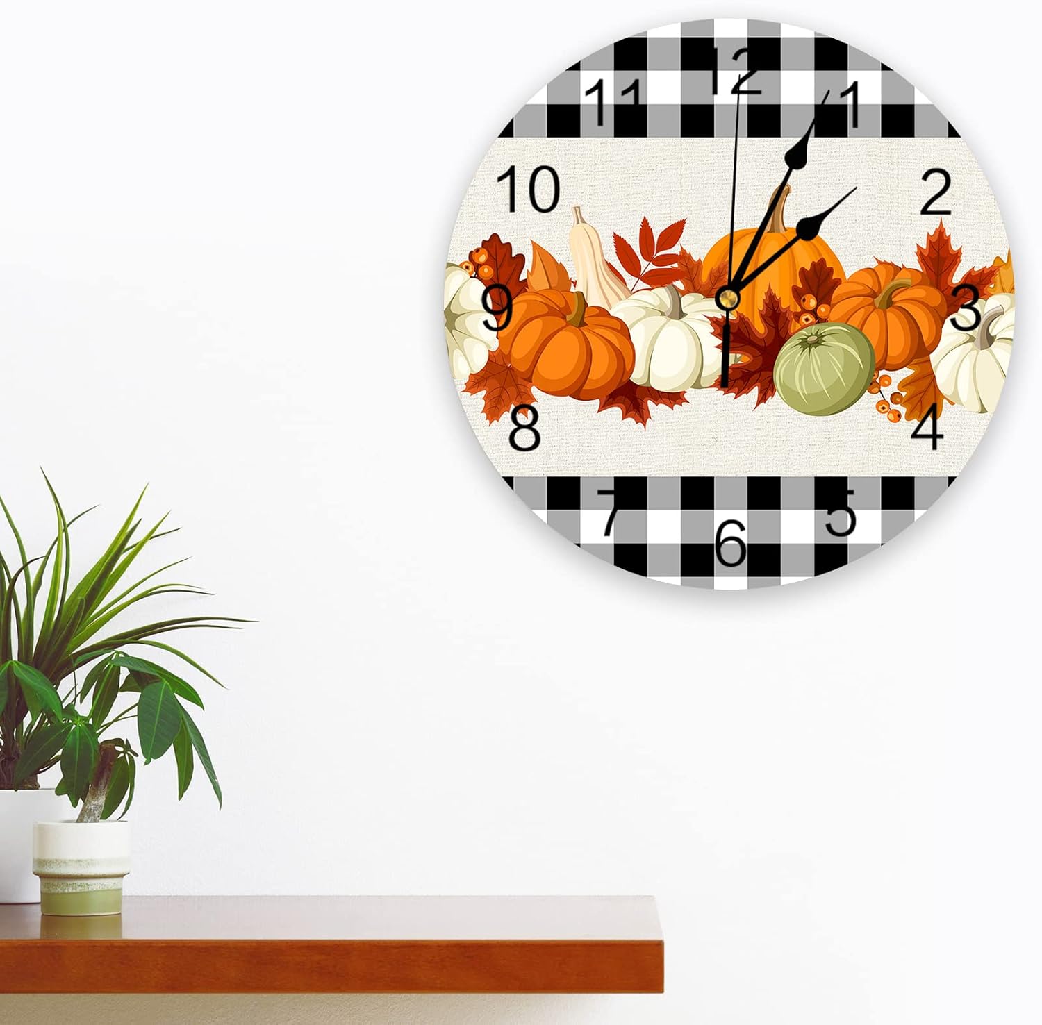 Artwork Store Reloj de pared silencioso de 10 pulgadas para Acción de Gracias, acuarela, calabaza, hoja de arce, búfalo, a cuadros, elegante reloj