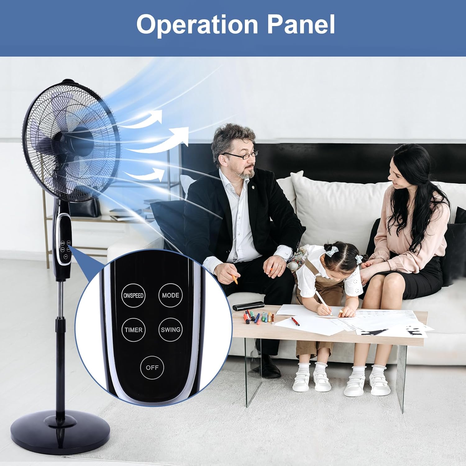 Simple Deluxe Ventilador avanzado de 16 pulgadas con control remoto, altura ajustable, 3 velocidades, oscilación de 45 grados y temporizador para