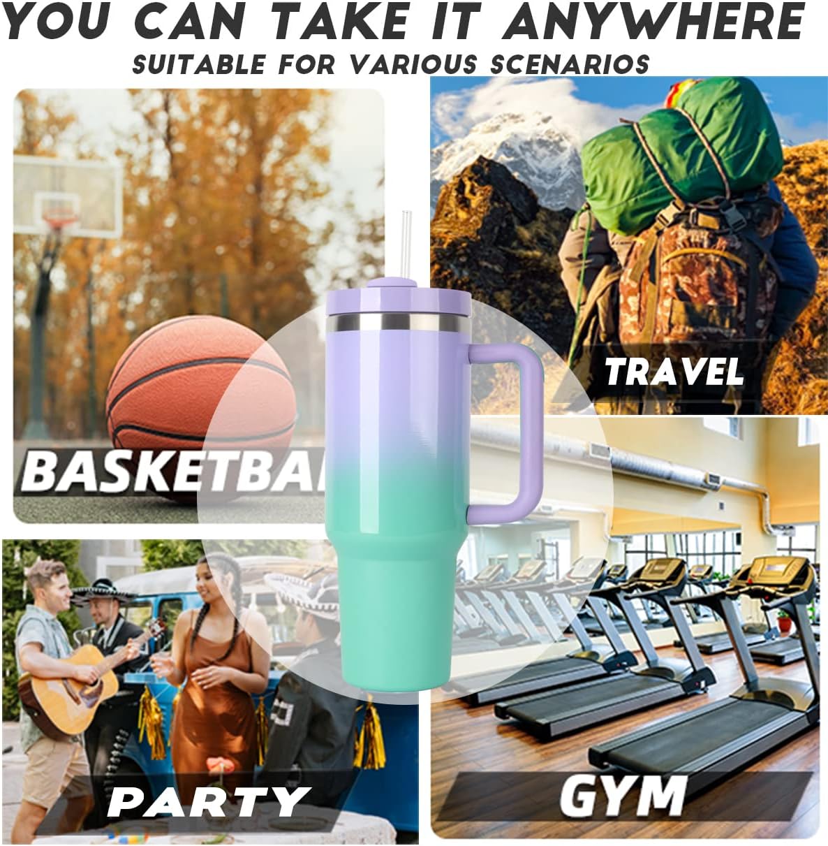Vaso aislado al vacío 2.0 reutilizable de 40 onzas con asa, con tapa y pajillas, mantiene el calor frío y el hielo durante horas (verde maronda)
