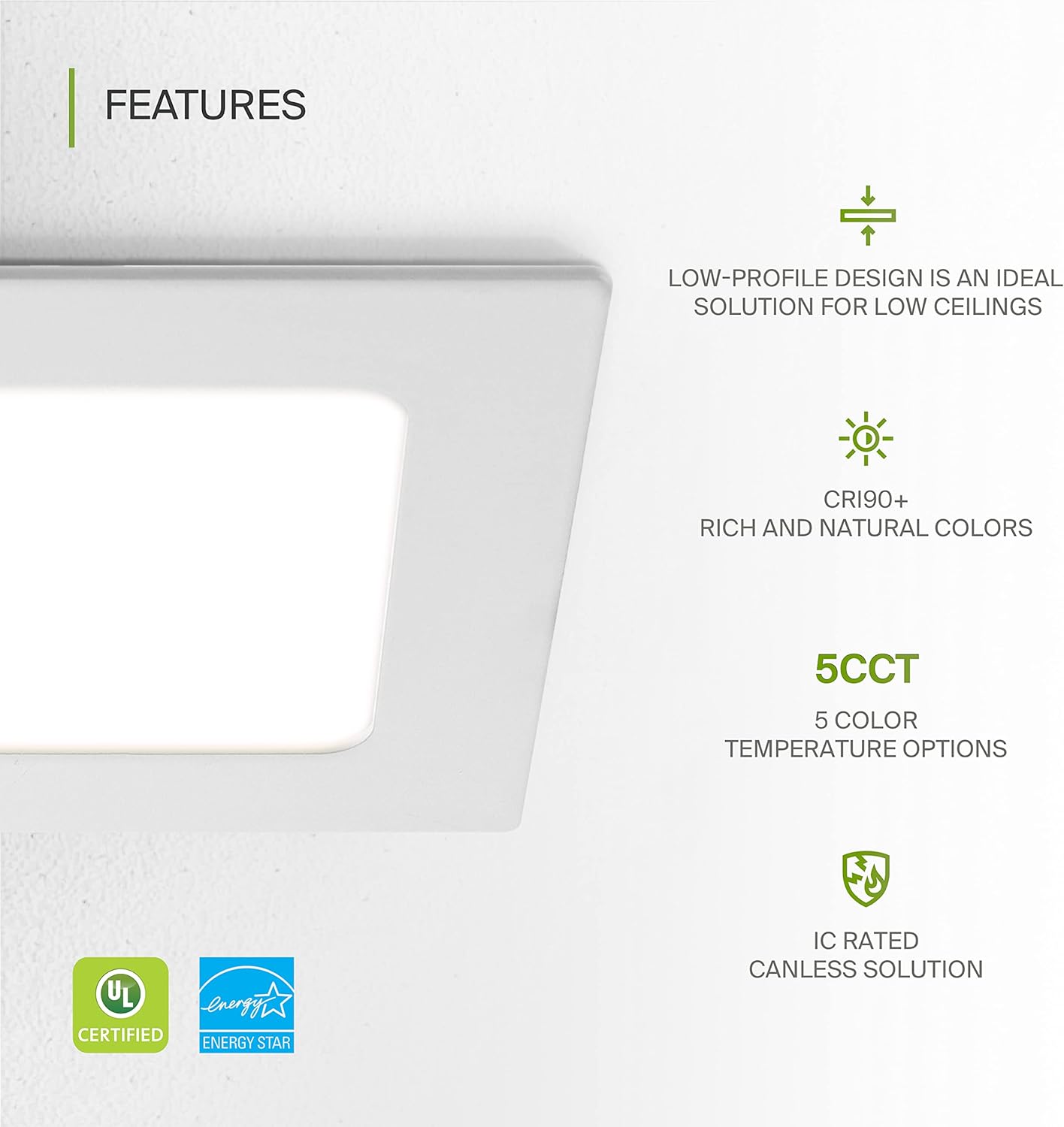 ASD Iluminación LED empotrable cuadrada de 4 pulgadas  2700 K3000 K3500 K4000 K5000 K, 12 W 50 W Eqv  Luces de techo ultra finas y regulables con