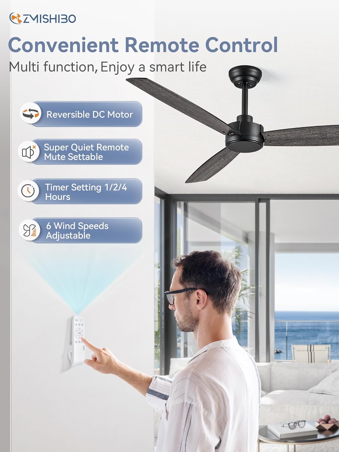 ZMISHIBO Paquete de 2 ventiladores de techo para exteriores de 52 pulgadas con control remoto, ventilador de techo negro, sin luz con motor CC