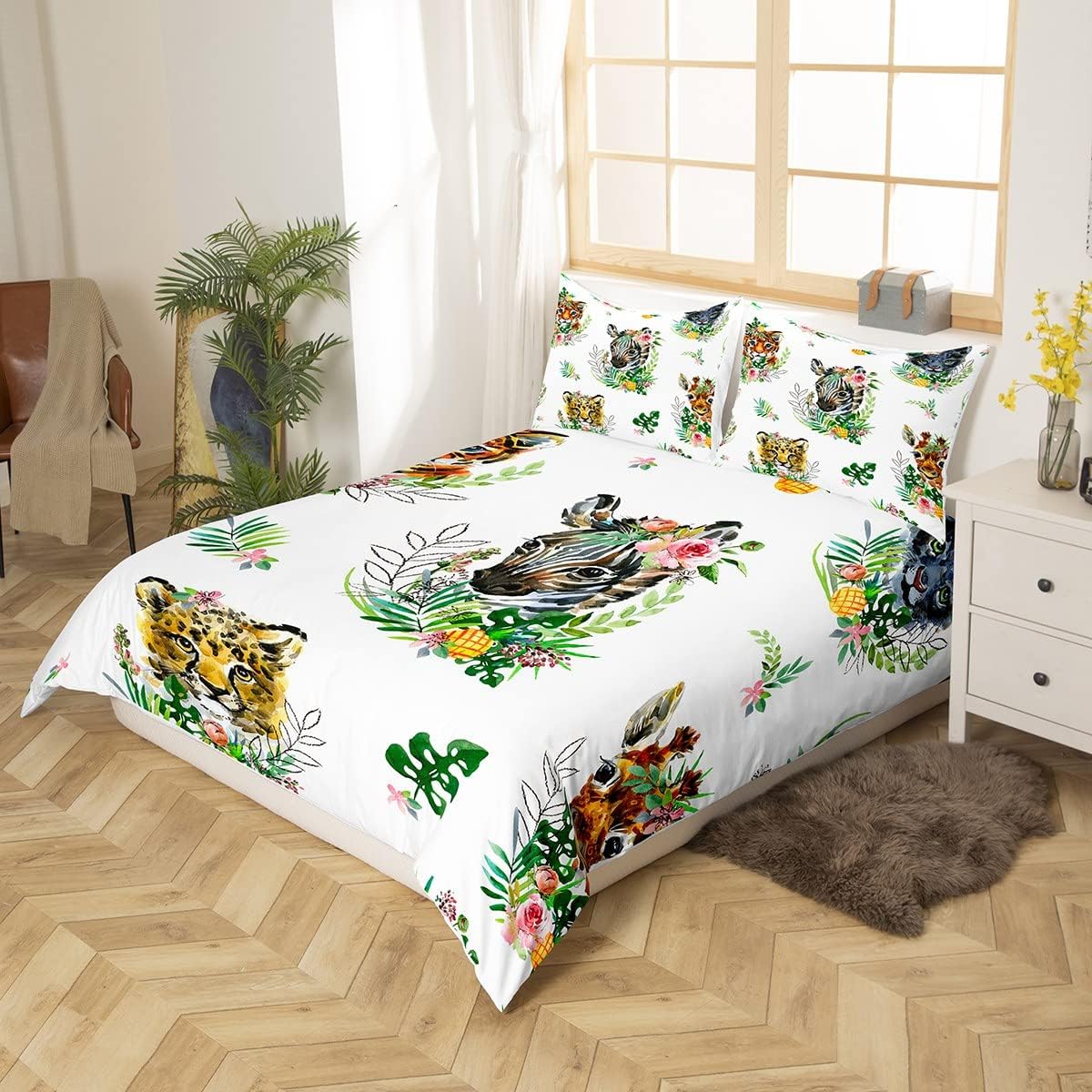Juego de ropa de cama de animales salvajes, funda de edredón de leopardo y tigre para niños y niñas, funda de edredón de jirafa cebra, guepardo,