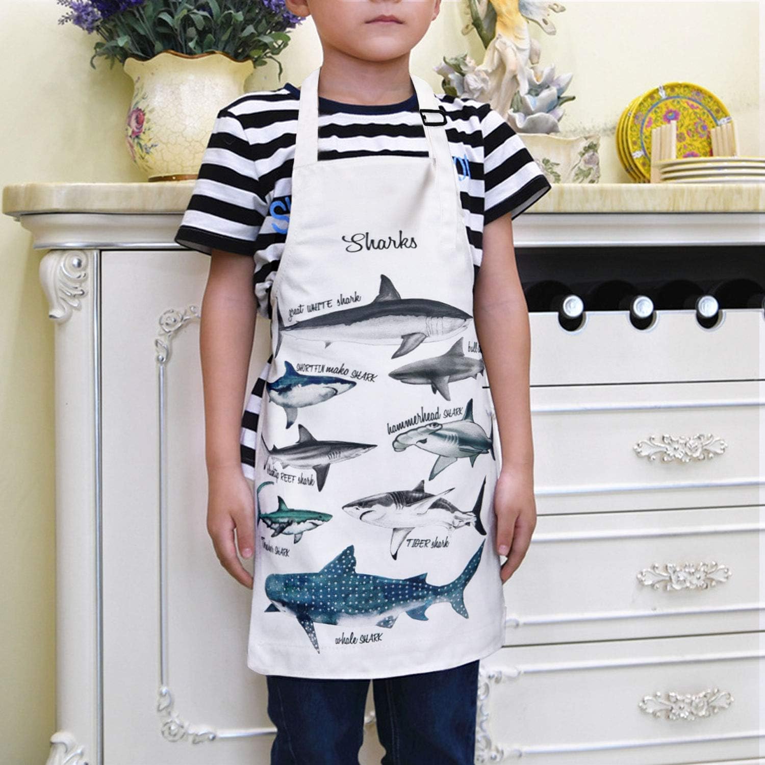 Delantal de tiburones para hornear, delantal impermeable para niños, con cuello ajustable, para fiestas, cocina, jardinería, pintura, manualidades