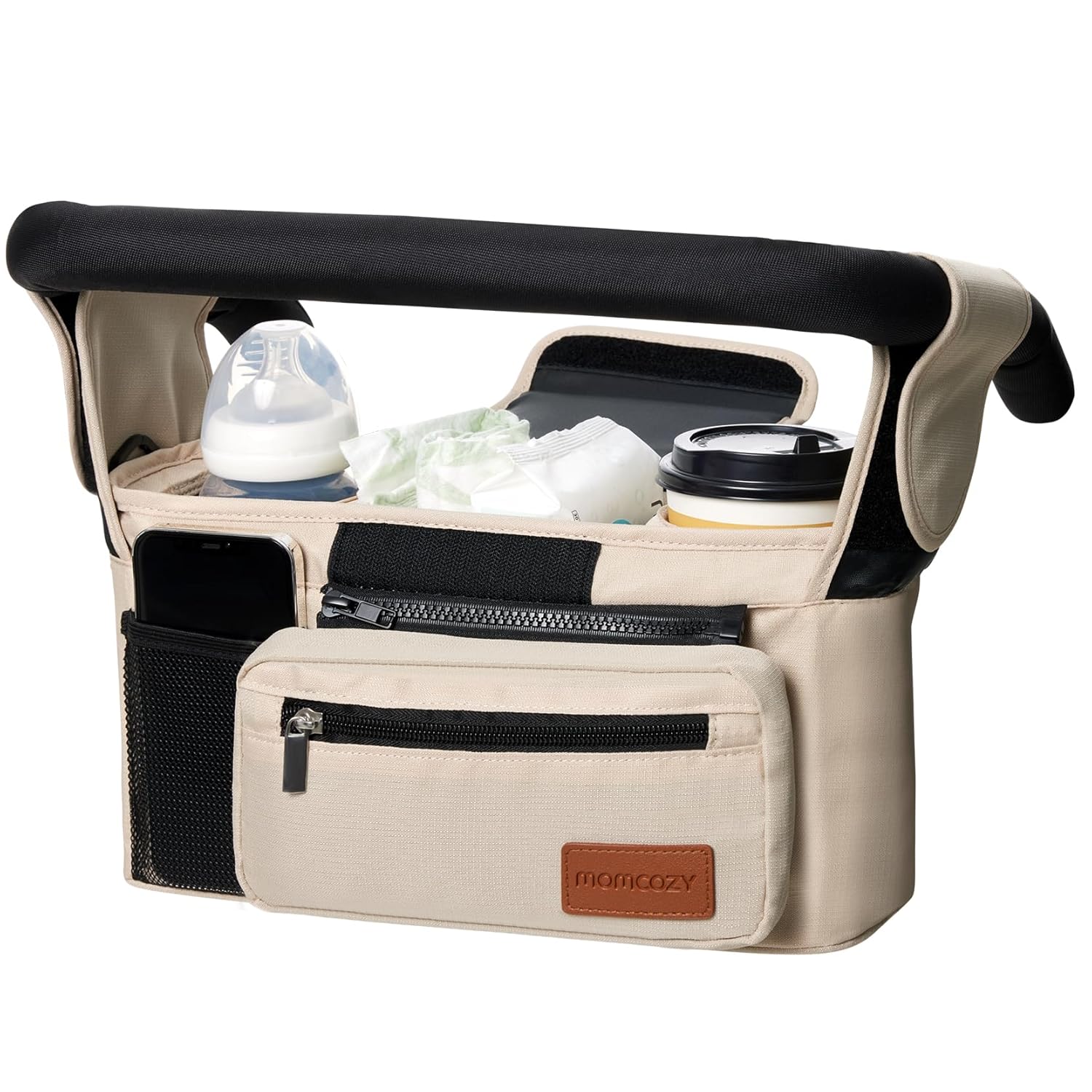 Momcozy Organizador universal para cochecito de bebé, 2 portavasos aislados, bolsillo desmontable con cremallera, correa de hombro ajustable, gran