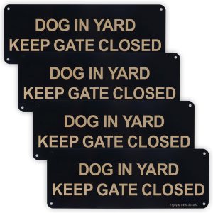 Paquete de 4 carteles con texto en inglés “Dog in Yard Keep Gate Closed”, 10 x 3.5 pulgadas, aluminio libre de óxido 040, reflectante, con Paquete de 4 carteles con texto en inglés “Dog in Yard Keep Gate Closed”, 10 x 3.5 pulgadas, aluminio libre de óxido 040, reflectante, con