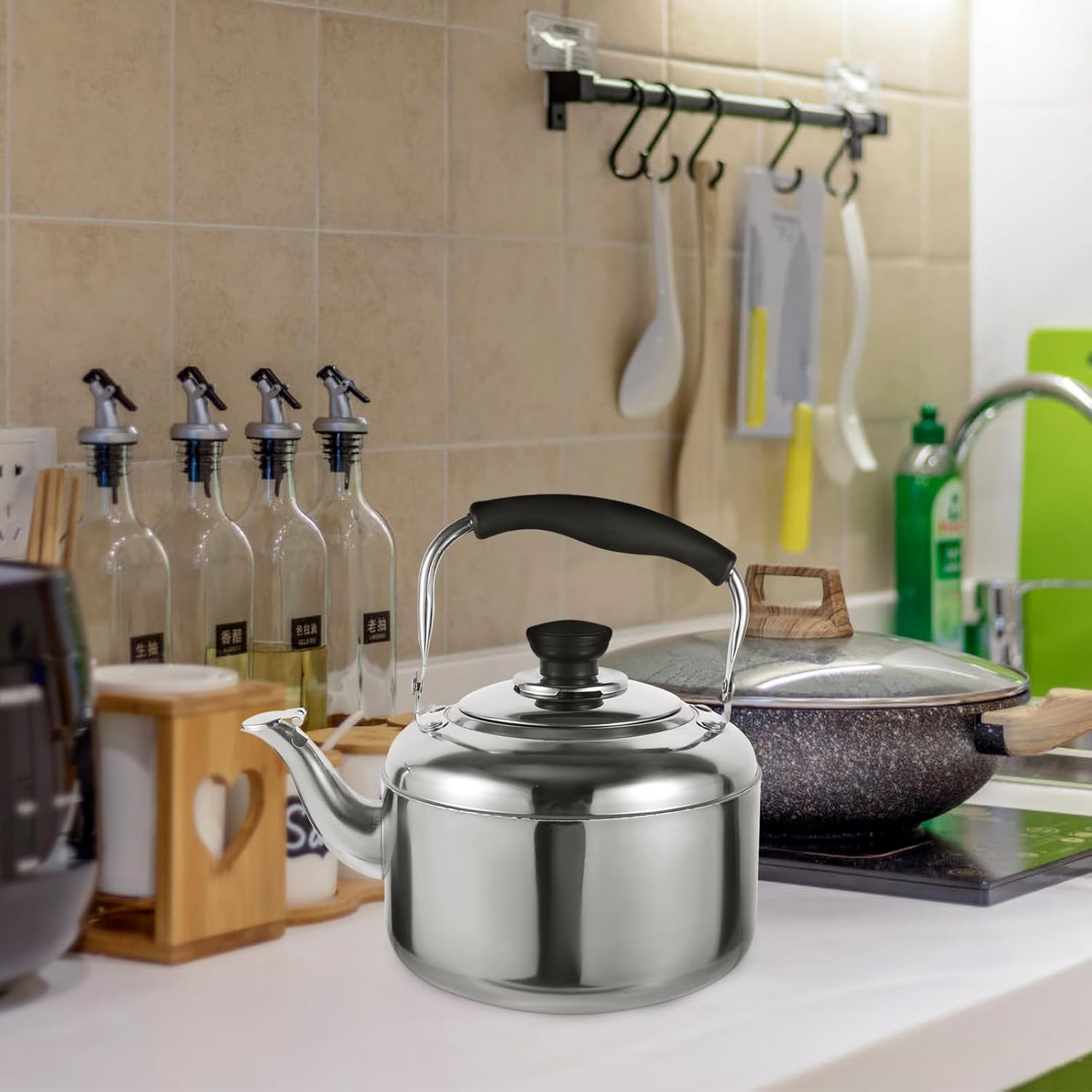 SHERCHPRY Hervidor de té eléctrico con espejo, tetera de acero inoxidable, tetera para verter sobre el café, tetera silbante, tetera, caldera de