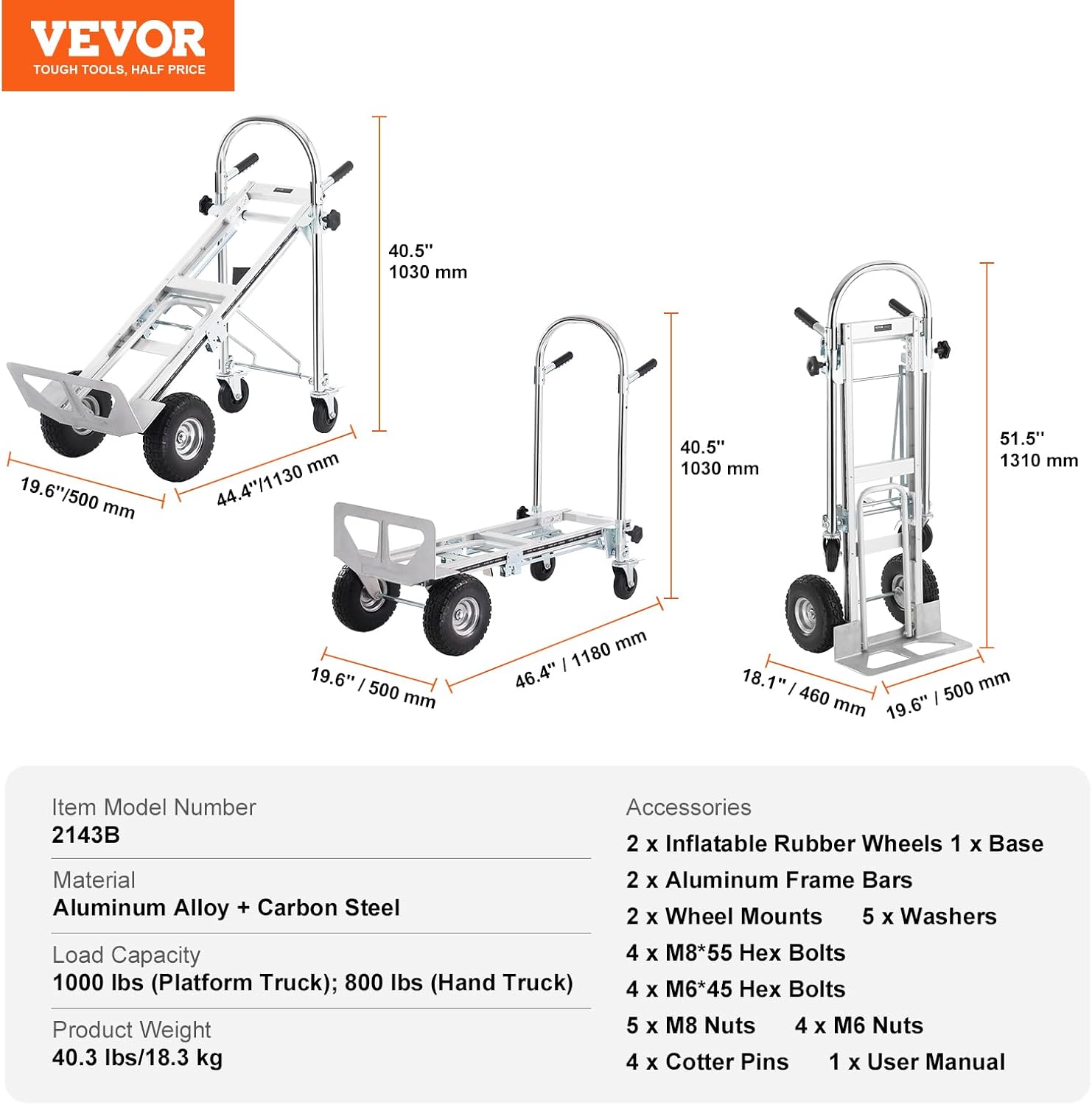 VEVOR Camión de mano plegable de aluminio, diseño 4 en 1 con capacidad de 1000 libras, carrito plegable industrial resistente, carrito de ruedas de