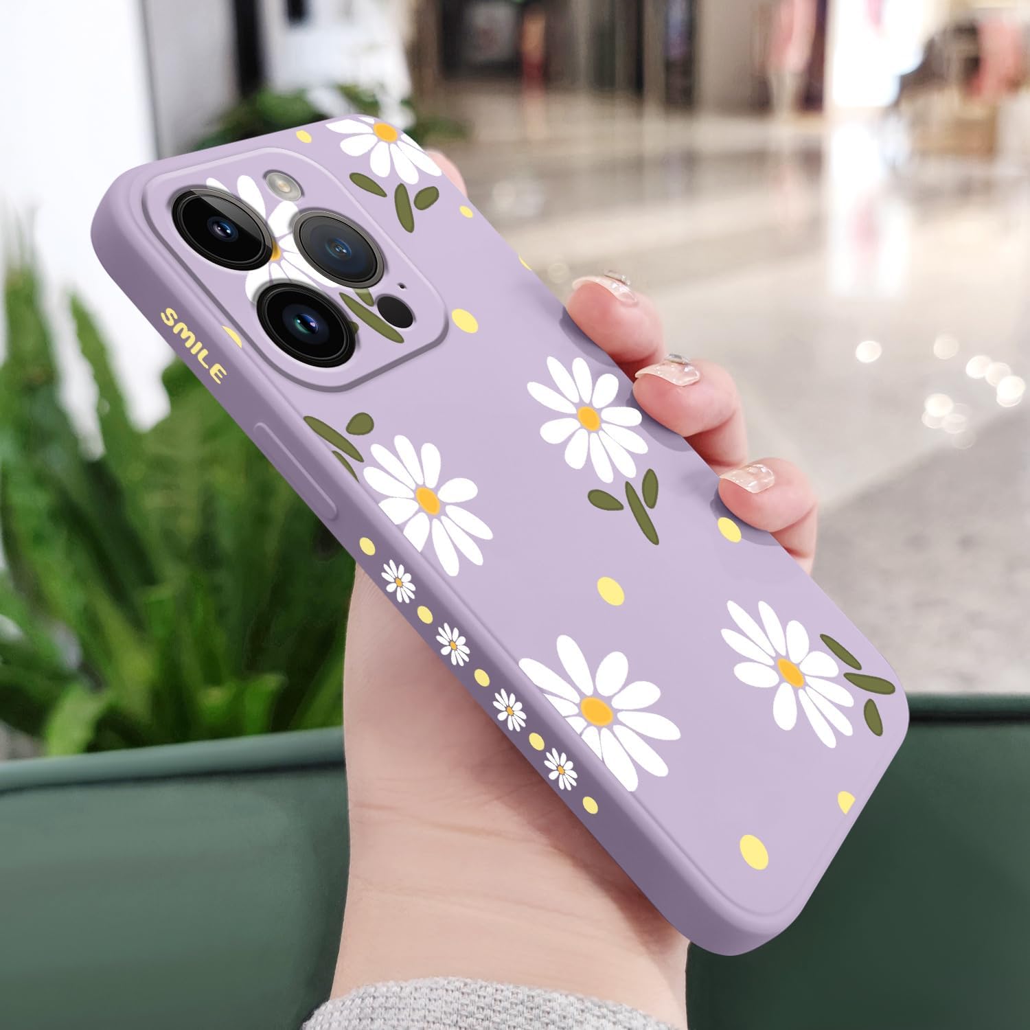 LEECG Fundas para iPhone 15 Pro, fundas para iPhone 15 Pro con diseño de crisantemo lateral, suave a prueba de golpes, protector de lente de cámara