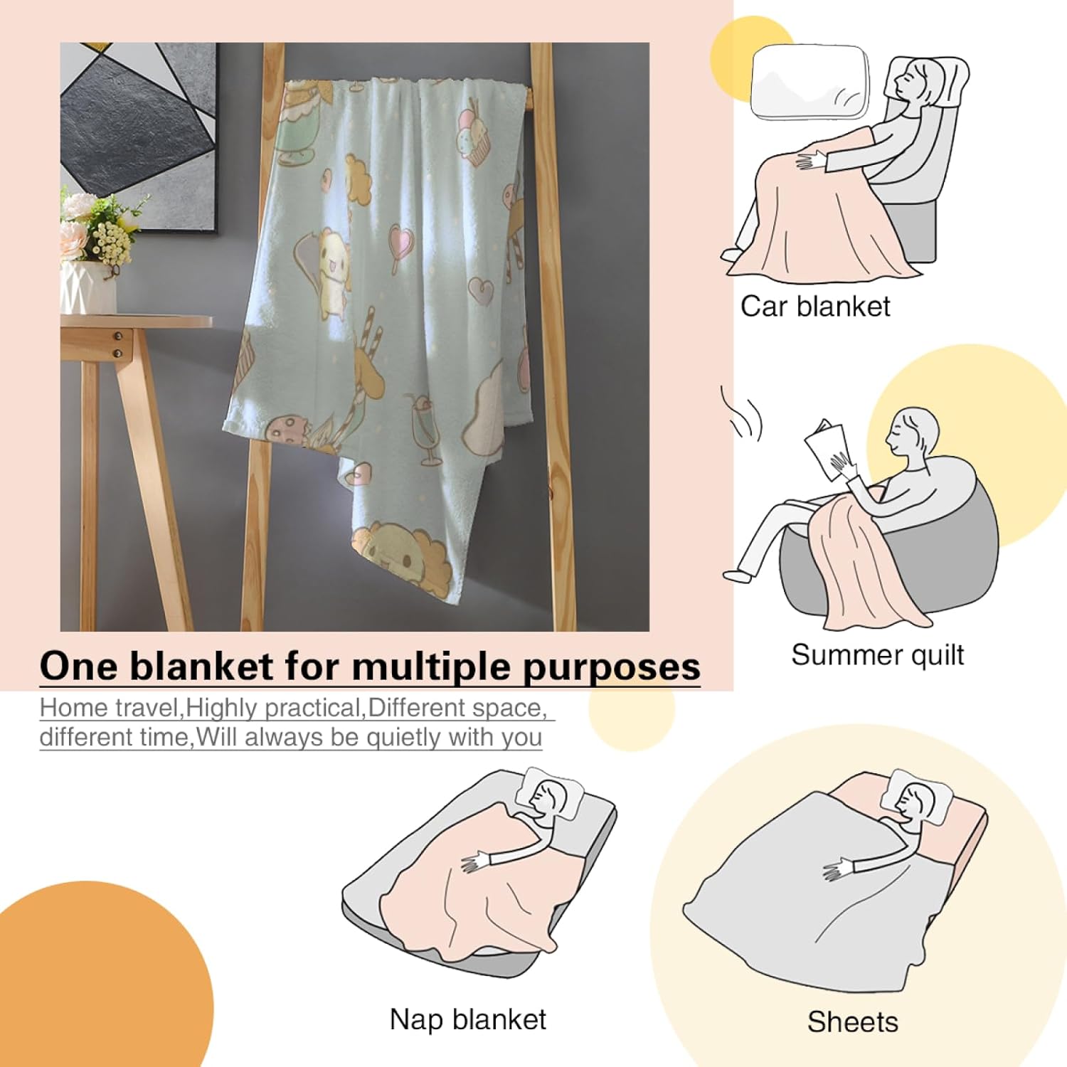 Manta de franela ultra suave con diseño de gatitos de caricaturas, manta de decoración de ropa de cama kawaii, manta para sofá (50 x 40 pulgadas,