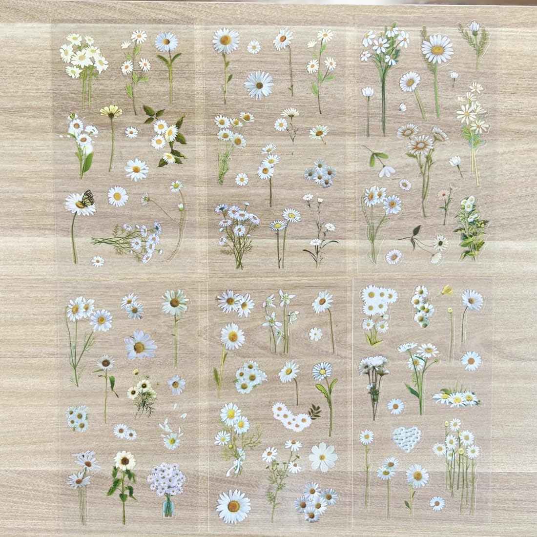 6 hojas de calcomanías de vinilo transparentes con margaritas blancas para manualidades, sobres, botellas de agua, coche, álbumes de recortes,
