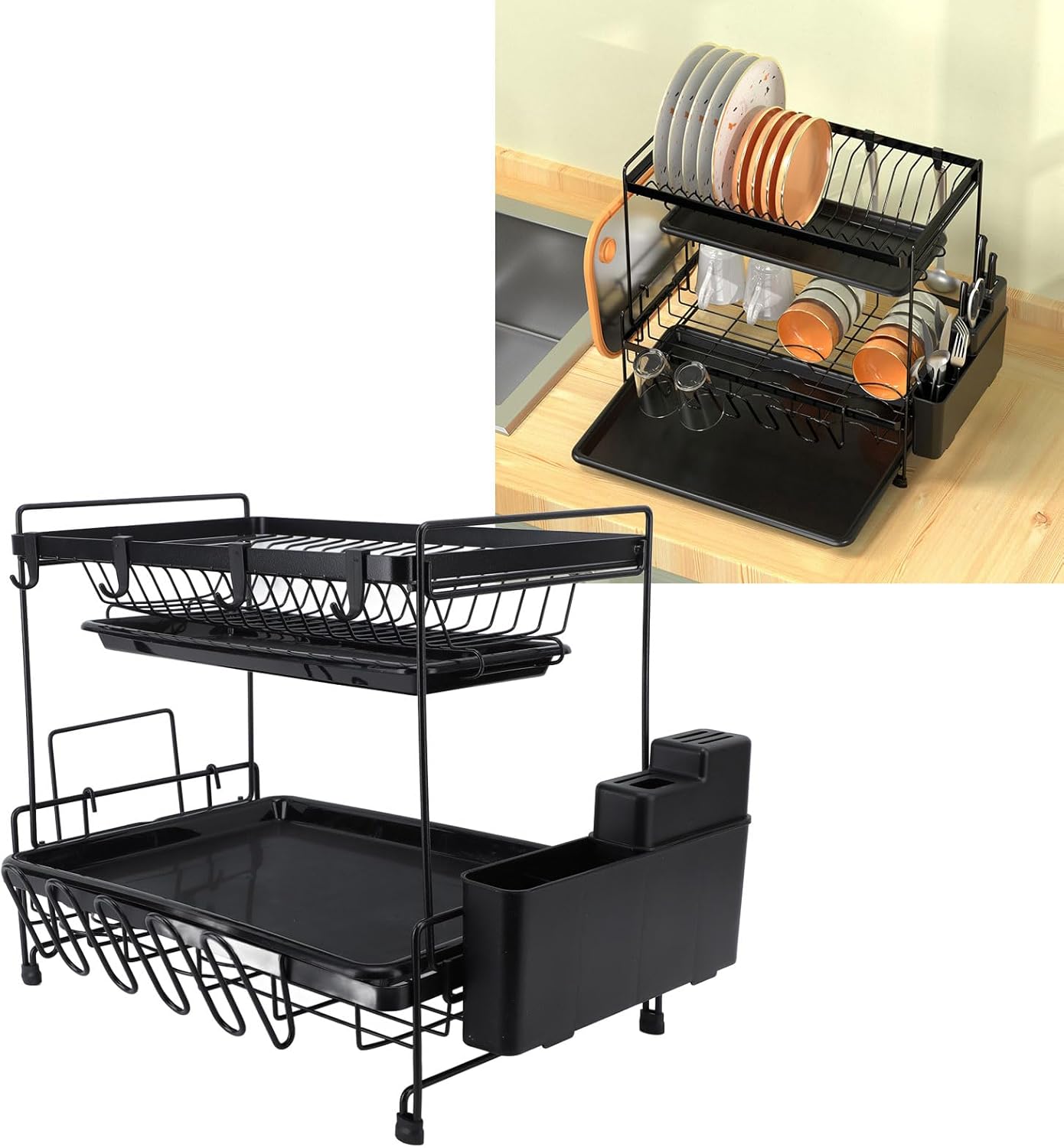 Dish Drying Rack and Drainboard Set, 2 Tier Large Dish Rack, Stainless Steel Dish Drainer for Kitchen Counter with Wine Glass Holder, Counter Plate