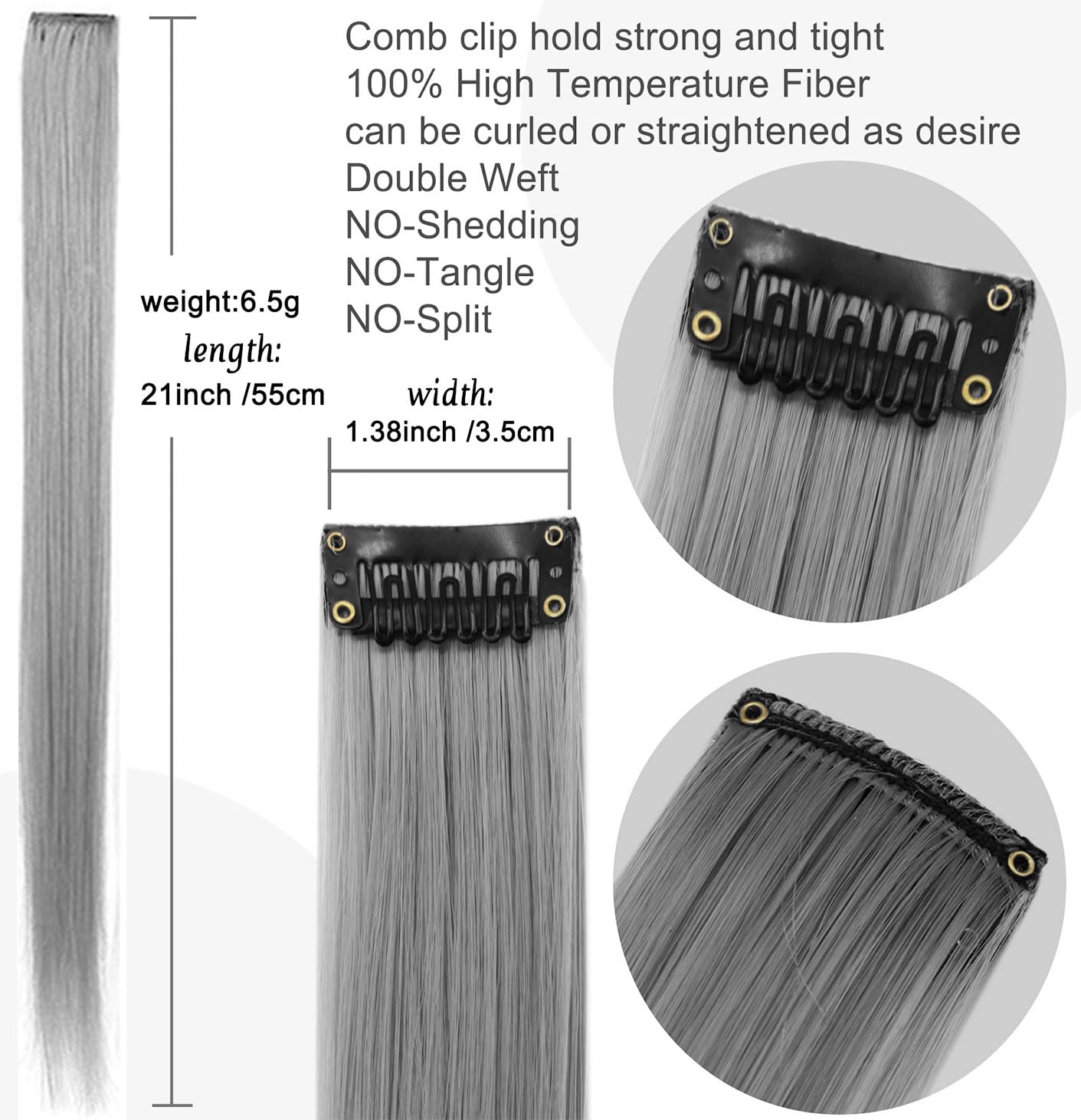 15 extensiones de cabello sintético de colores, multicolor, con reflejos, para fiestas, de 20 pulgadas (negro, gris, blanco, gris, gris claro)