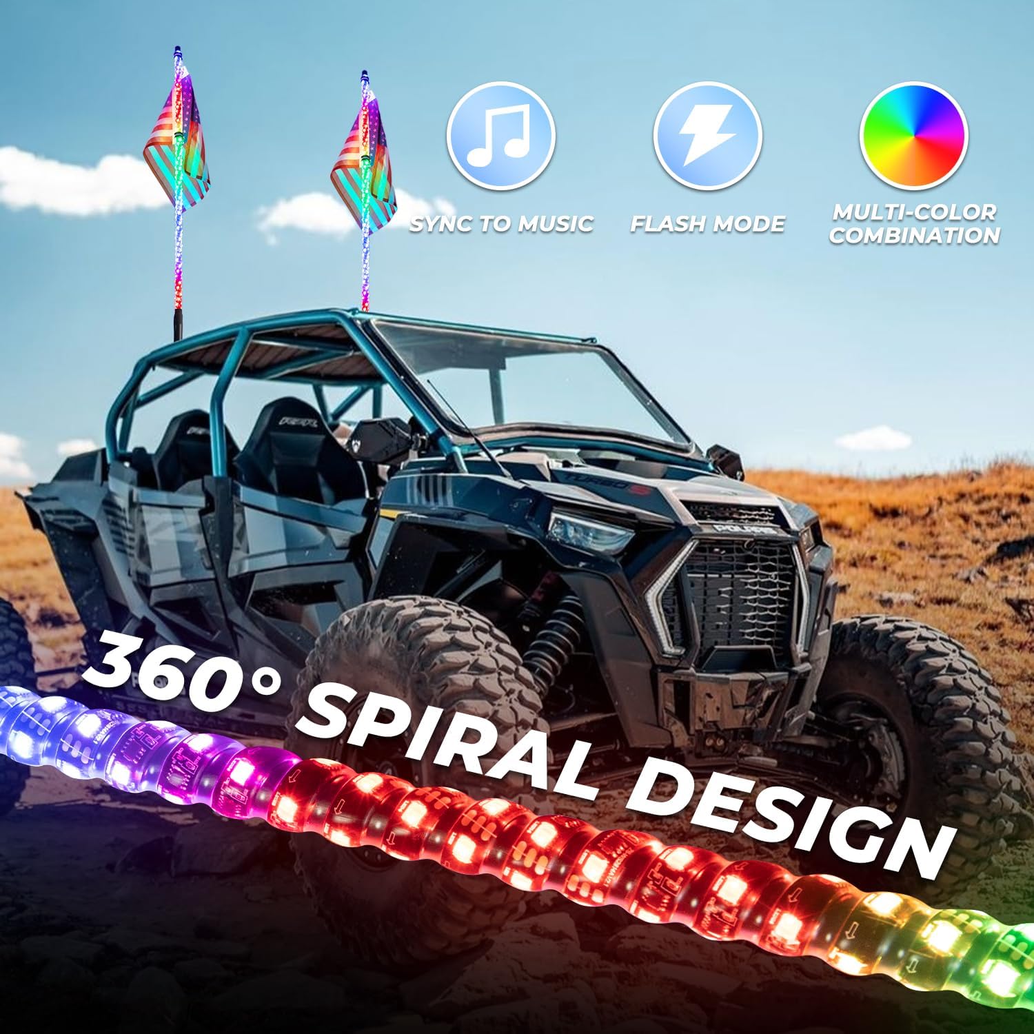 Luz LED blanca pura de 3 pies en espiral RGB Chase Light Offroad 360 Spiraling Rising Dream Wrapped Dancing Whips