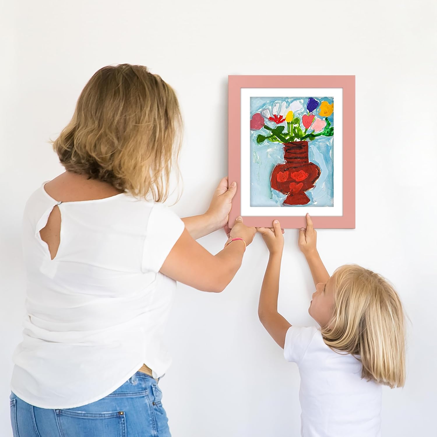 Americanflat Marco para obras de arte infantiles, carga frontal, rosa melocotón, 8.5 x 11 pulgadas con paspartú o 10 x 12.5 sin él, formato de