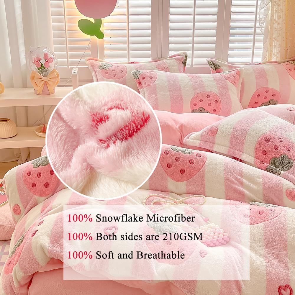 OranFran Juego de funda de edredón para niños de fresa rosa, juego de ropa de cama kawaii con copos de nieve, funda de edredón suave y reversible,