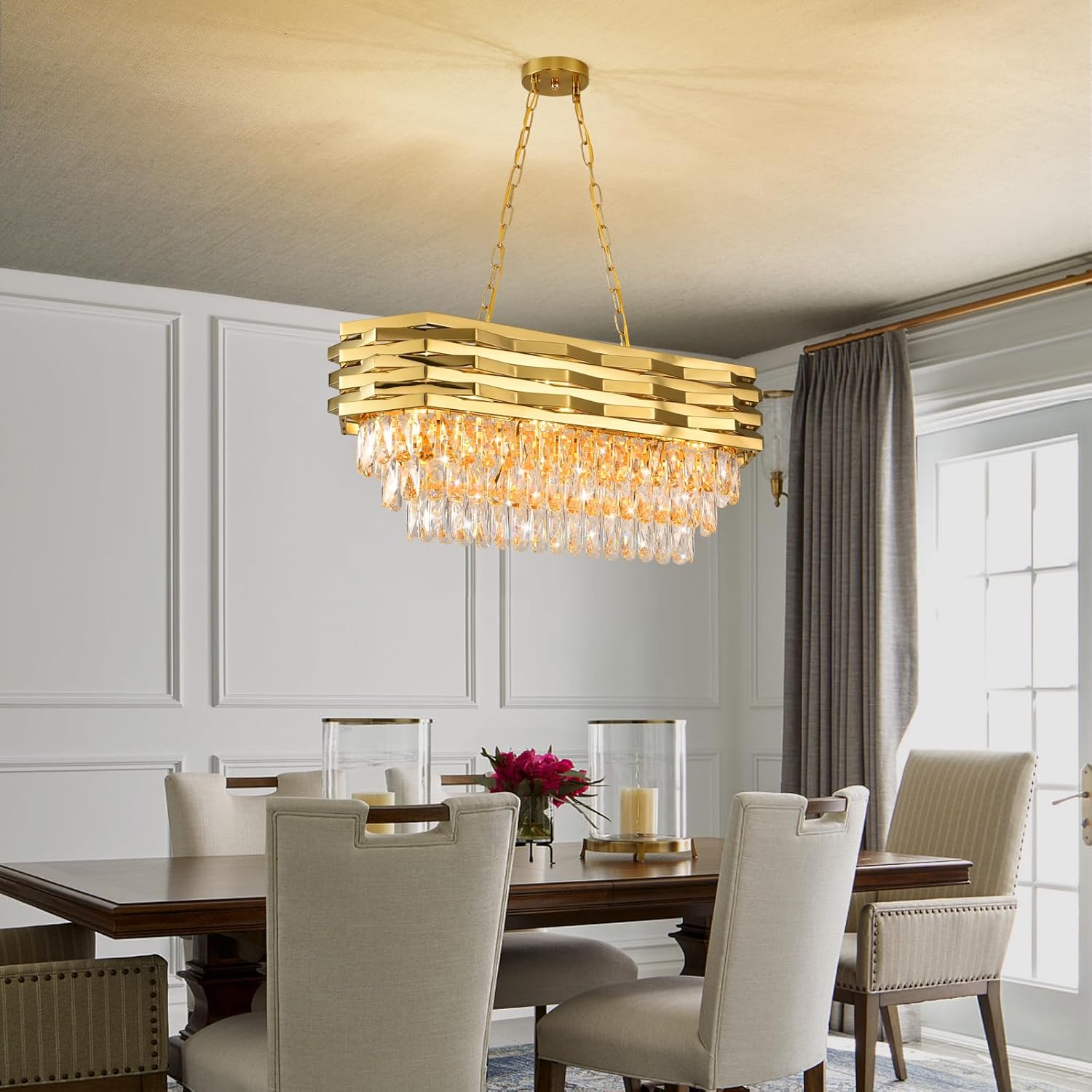 Gold Modern Crystal Chandeliers for Dining Room 8-Light Gold Chandelier Living Room Dining Room Chandelier Oval Ceiling Hanging Light Pendant Light