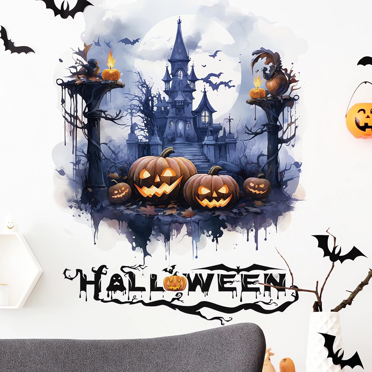 Calcomanías de pared de monstruo de calabaza de Halloween, castillo espeluznante, calcomanías de pared de fantasmas de terror de Halloween, vinilo