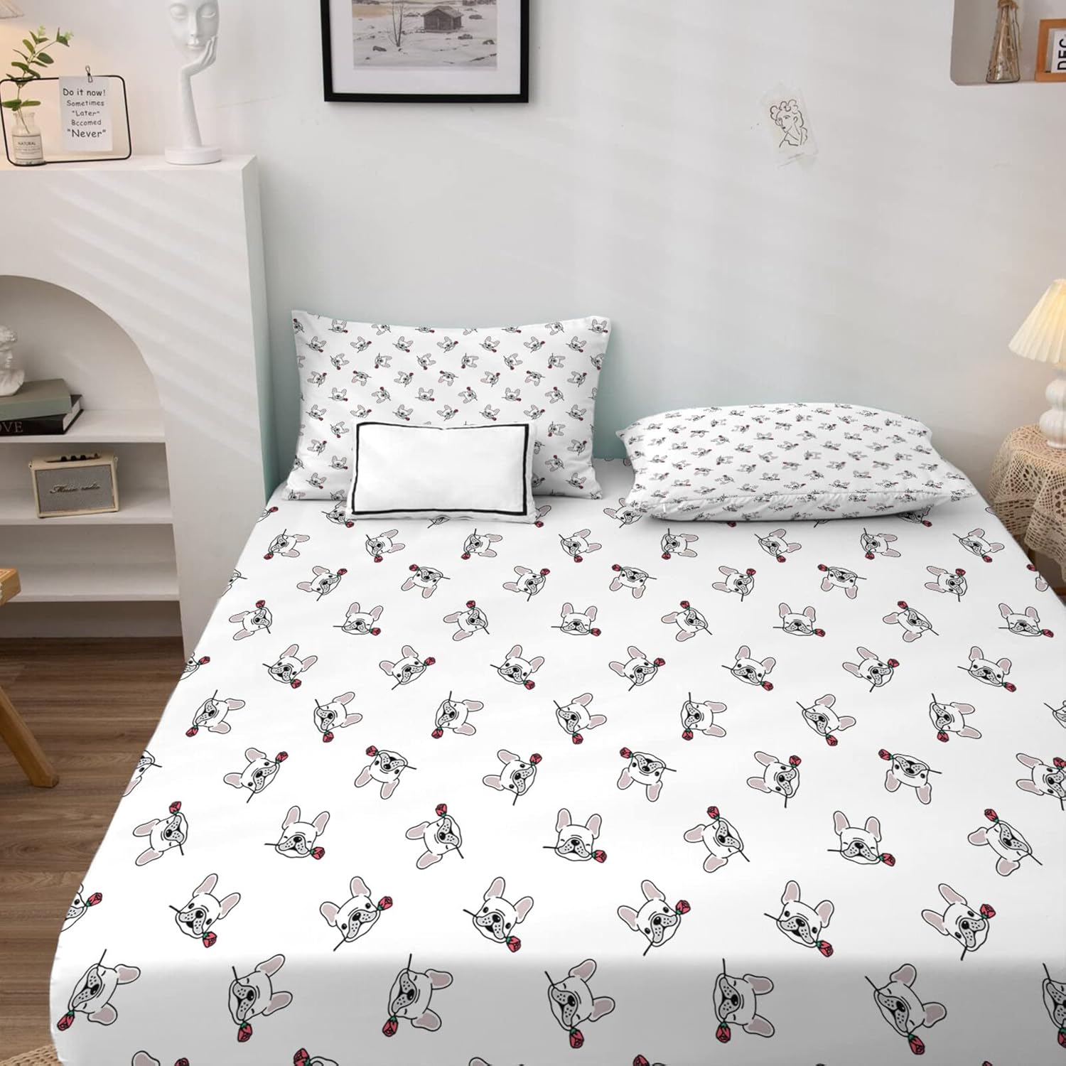 THYUNQ Juego de sábanas divididas tamaño King de Bulldog francés para cama ajustable, lindo perro con patrón de rosas, sábanas y fundas de almohada,