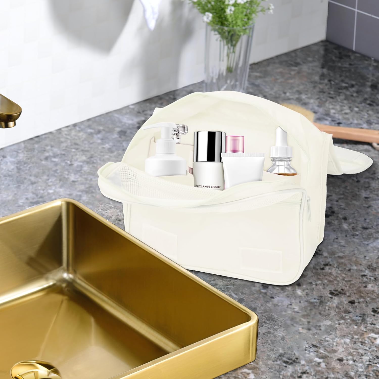 Neceser para mujer de viaje, bolsa de maquillaje con cremallera, artículos de aseo esenciales de tamaño de viaje, Beige, Viajes