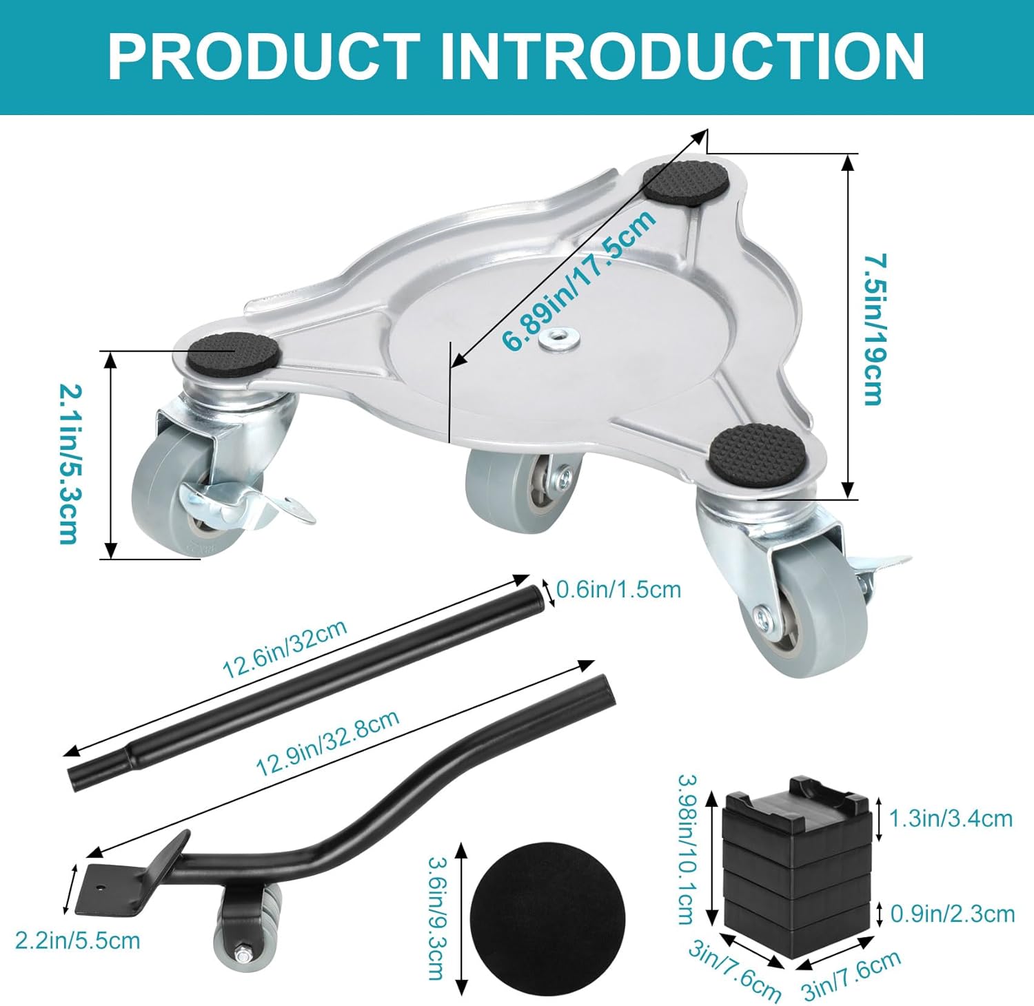 Paquete de 4 mudanzas de muebles, carrito de mudanza con 4 ruedas, ruedas de rotación de 360, estructura de trípode de acero, 3 ruedas con frenos