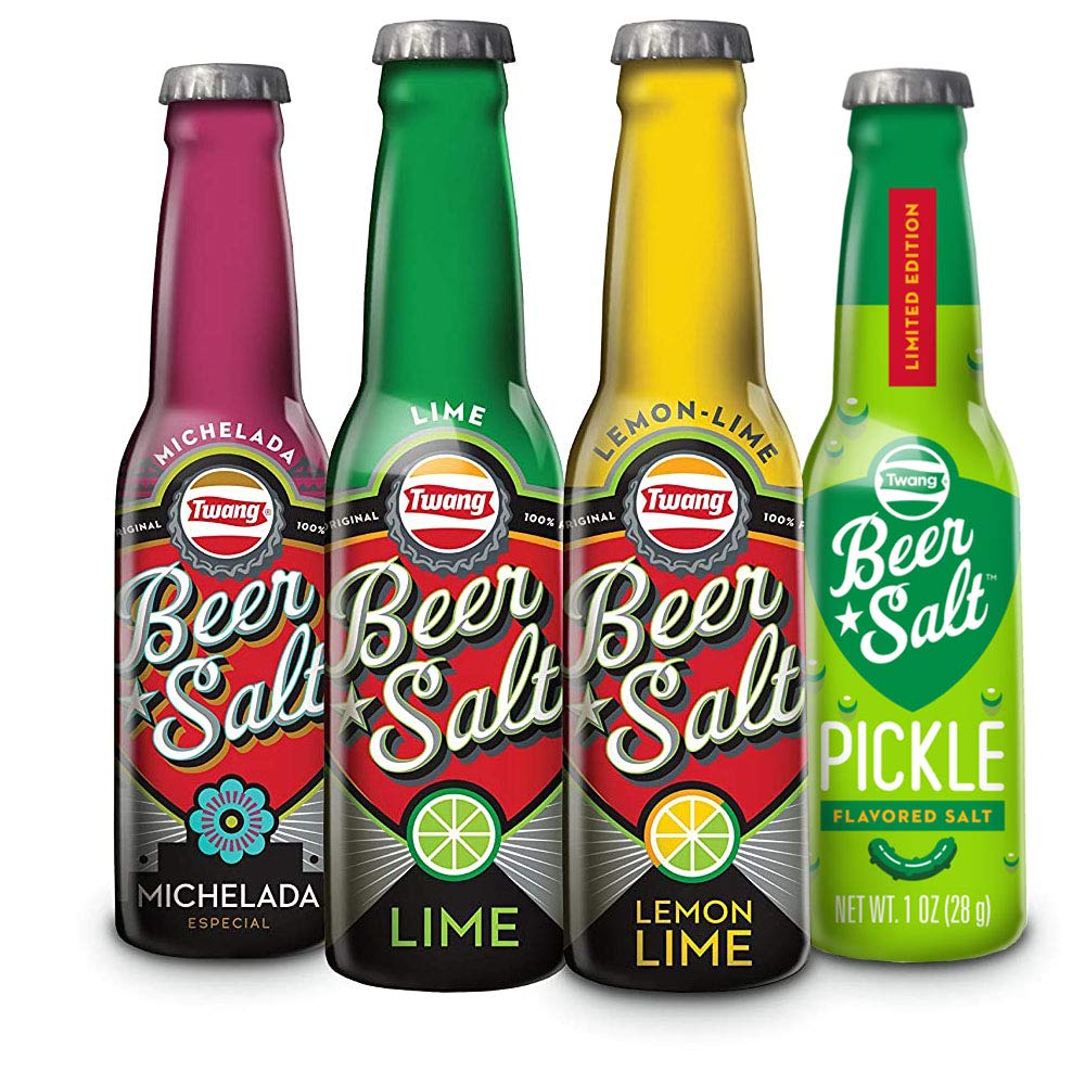 Twang Sal saborizada, paquete variado de sal de cerveza, mini botellas de 1.4 onzas, 4 unidades, 1 de cada una de lima, limón y lima, michelada,