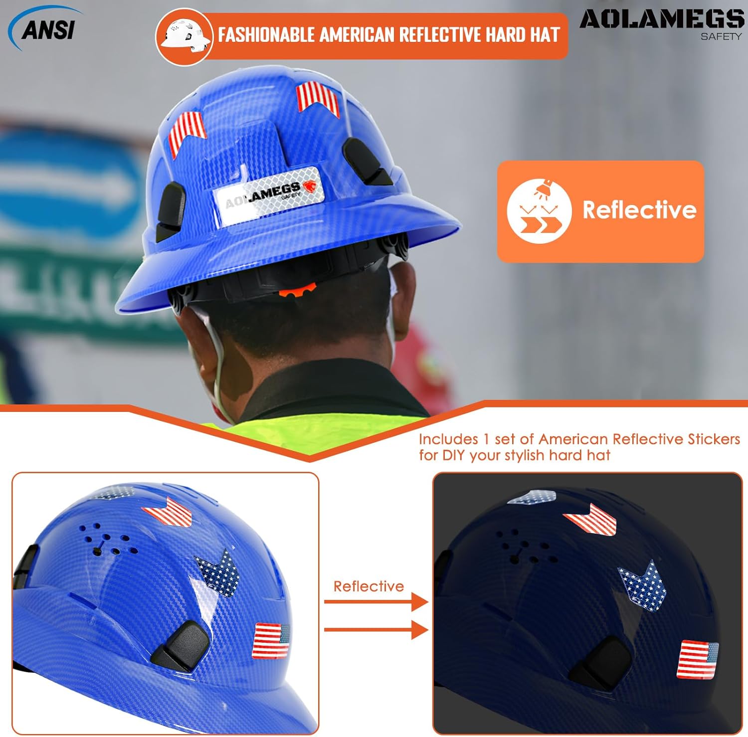 Aolamegs Safe Casco duro de ala completa con patrón de fibra de carbono con visera, casco de seguridad de construcción aprobado por la OSHA para