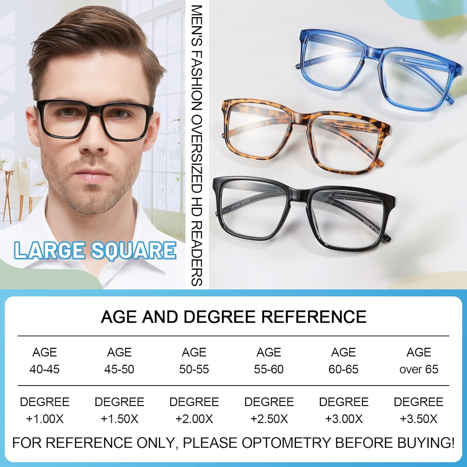 MARE AZZURO Gafas de lectura de gran tamaño para hombre, grandes lectores cuadrados 1.0 1.25 1.5 1.75 2.0 2.25 2.5 2.75 3.0 3.5 4.0 5.0 6.0
