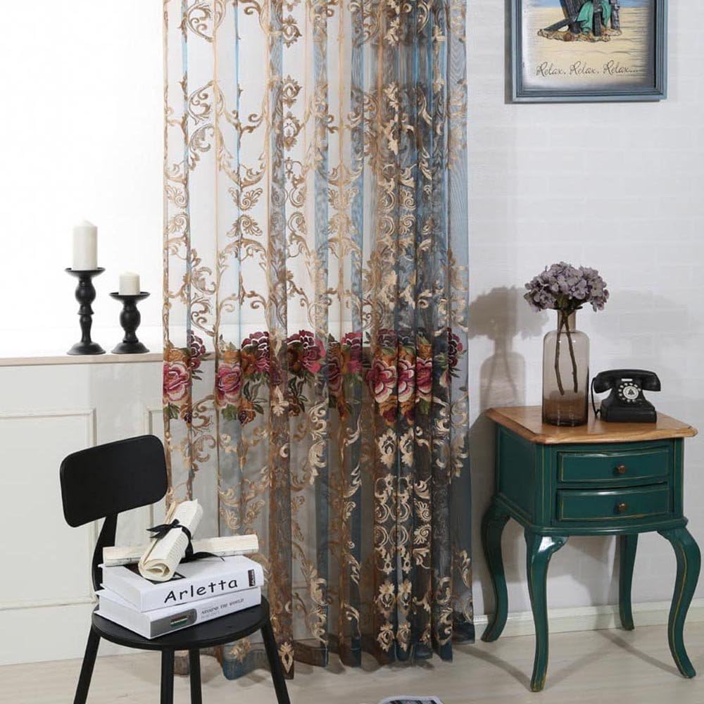 Pureaqu – Cortinas europeas bordadas con diseño floral para sala de estar, con bolsillos, cortina de gasa de lujo, cortina de tul transparente para