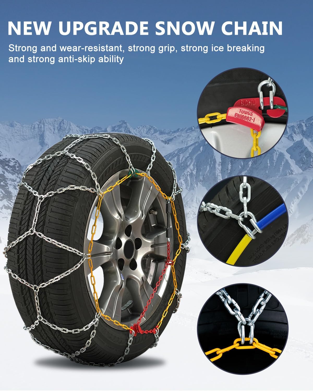 SCITOO Cadenas de nieve KN100 de instalación rápida y fácil, cadena de tracción de neumáticos para automóviles, camionetas, SUV, cadenas universales