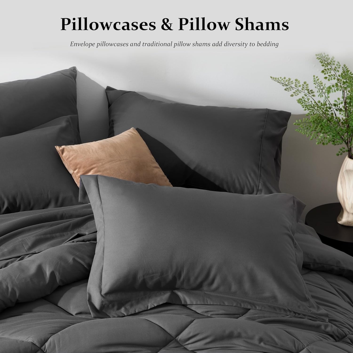 Newspin Juego de edredón de 8 piezas de cama Queen en una bolsa, juego de cama gris oscuro para todas las estaciones, juegos de ropa de cama Queen