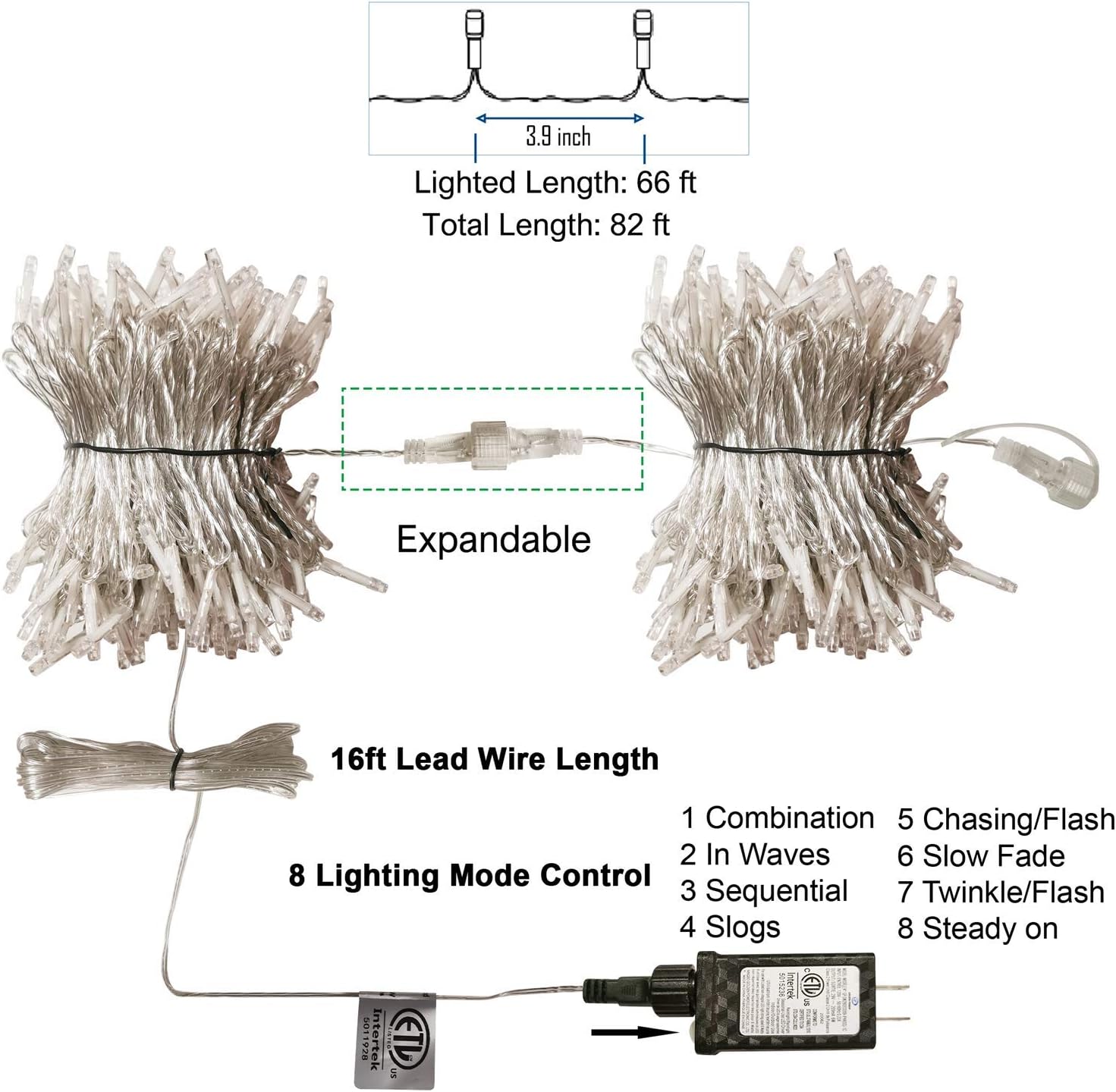 Guirnalda de 300 luces LED para exteriores e interiores, luces navideñas superbrillantes extralargas de 98.5 pies con 8 modos de iluminación, serie