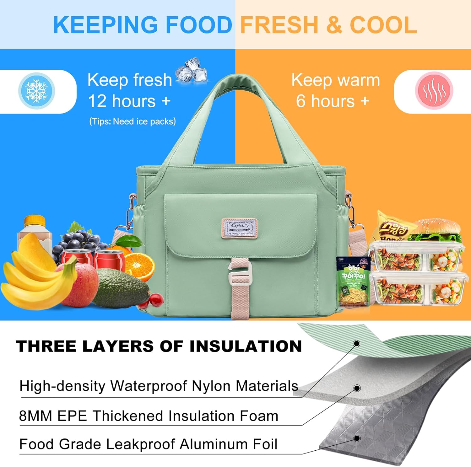 Lonchera para hombres y mujeres, lonchera grande aislada, bolsa de almuerzo a prueba de fugas para adultos, bolsa de almuerzo reutilizable con