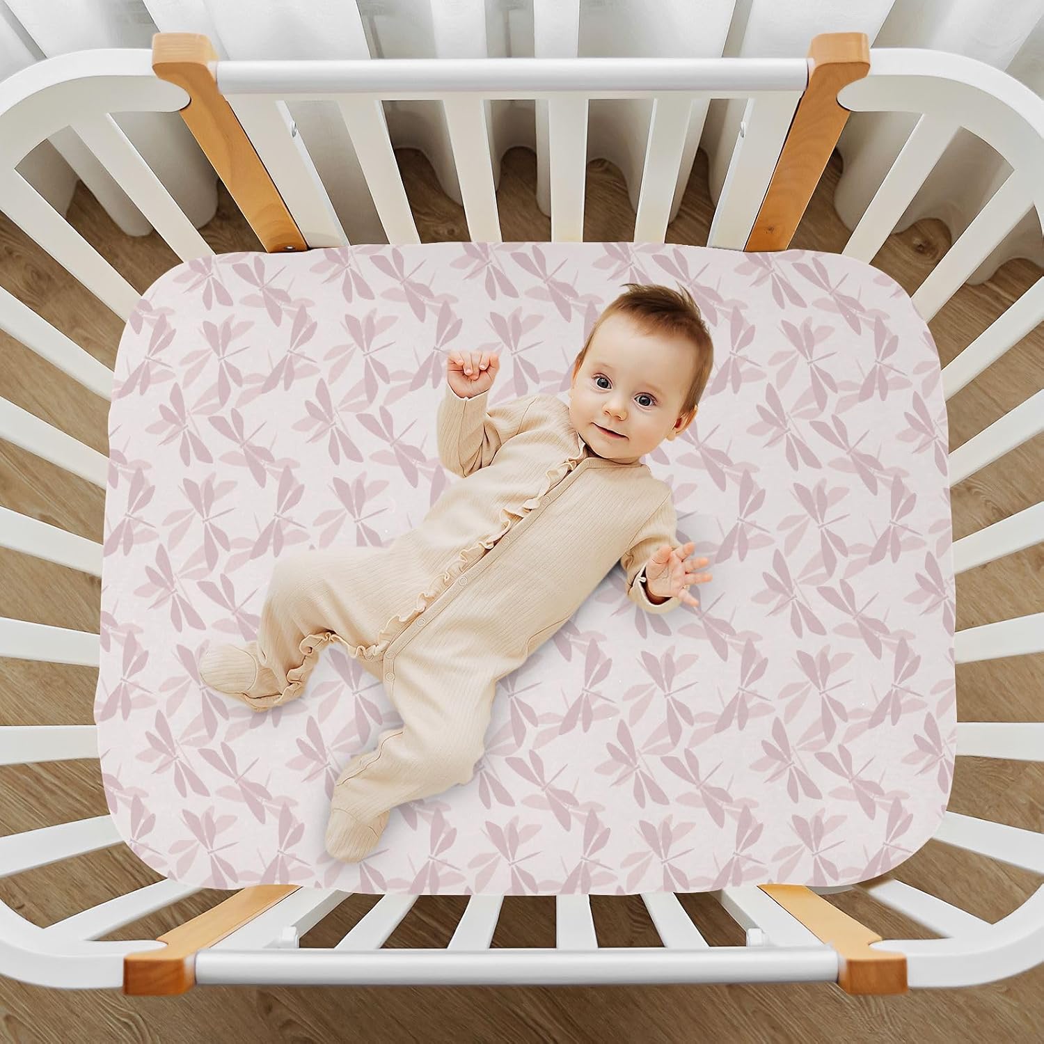 KICPOAY Sábanas bajeras ajustables para cuna, diseño de libélula rosa y morado, sábanas portátiles elásticas para bebé niño, colchón suave y