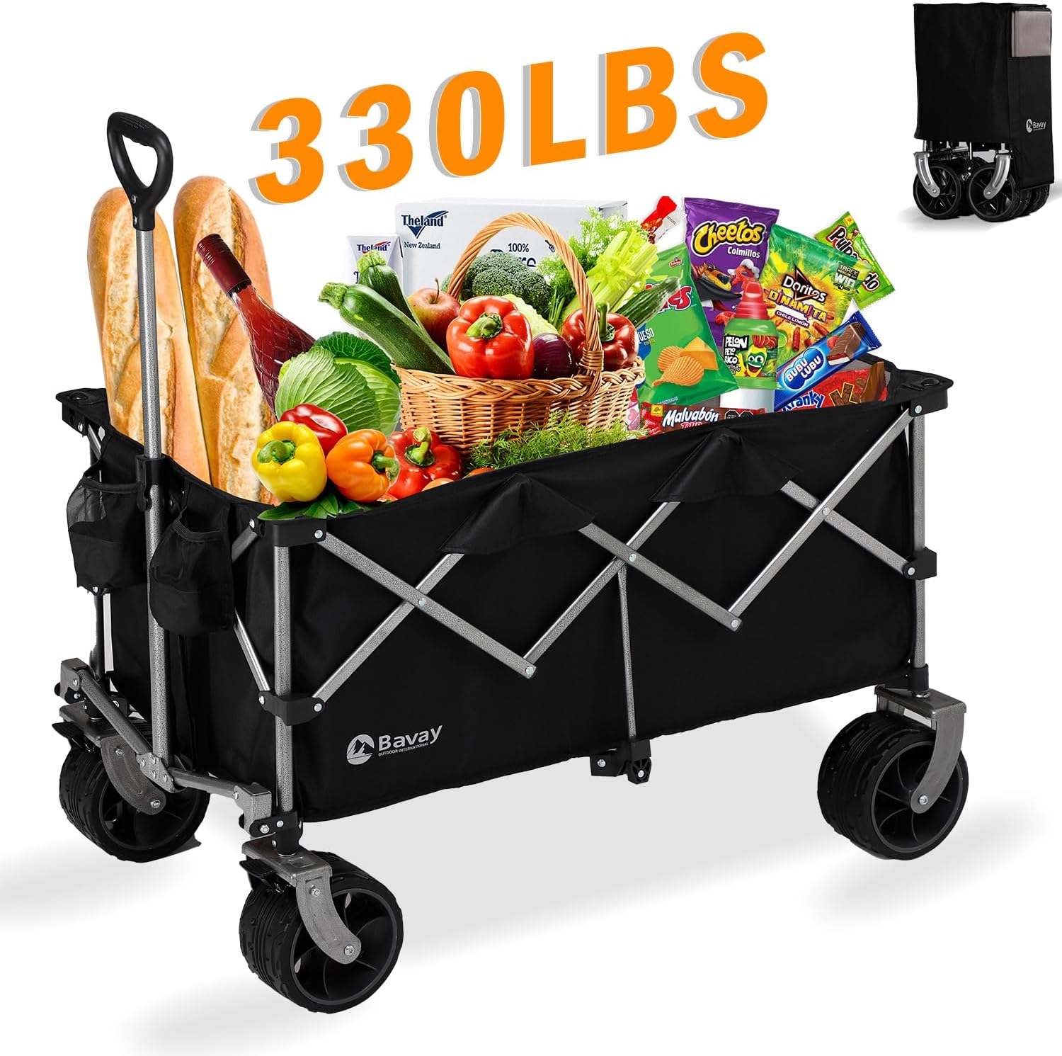 Carro de playa de 220 litros con ruedas grandes, plegable con capacidad de 330 libras, vagones de comestibles utilitarios con frenos, carrito de