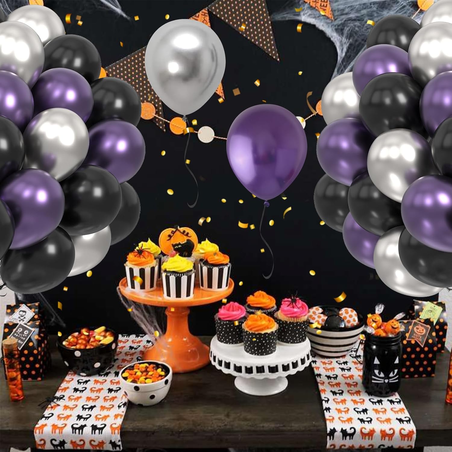 FEYG Globos de Halloween de 12 pulgadas, 40 globos de metal negro, morado, plateado, látex, decoración de fiesta de Halloween, celebración de