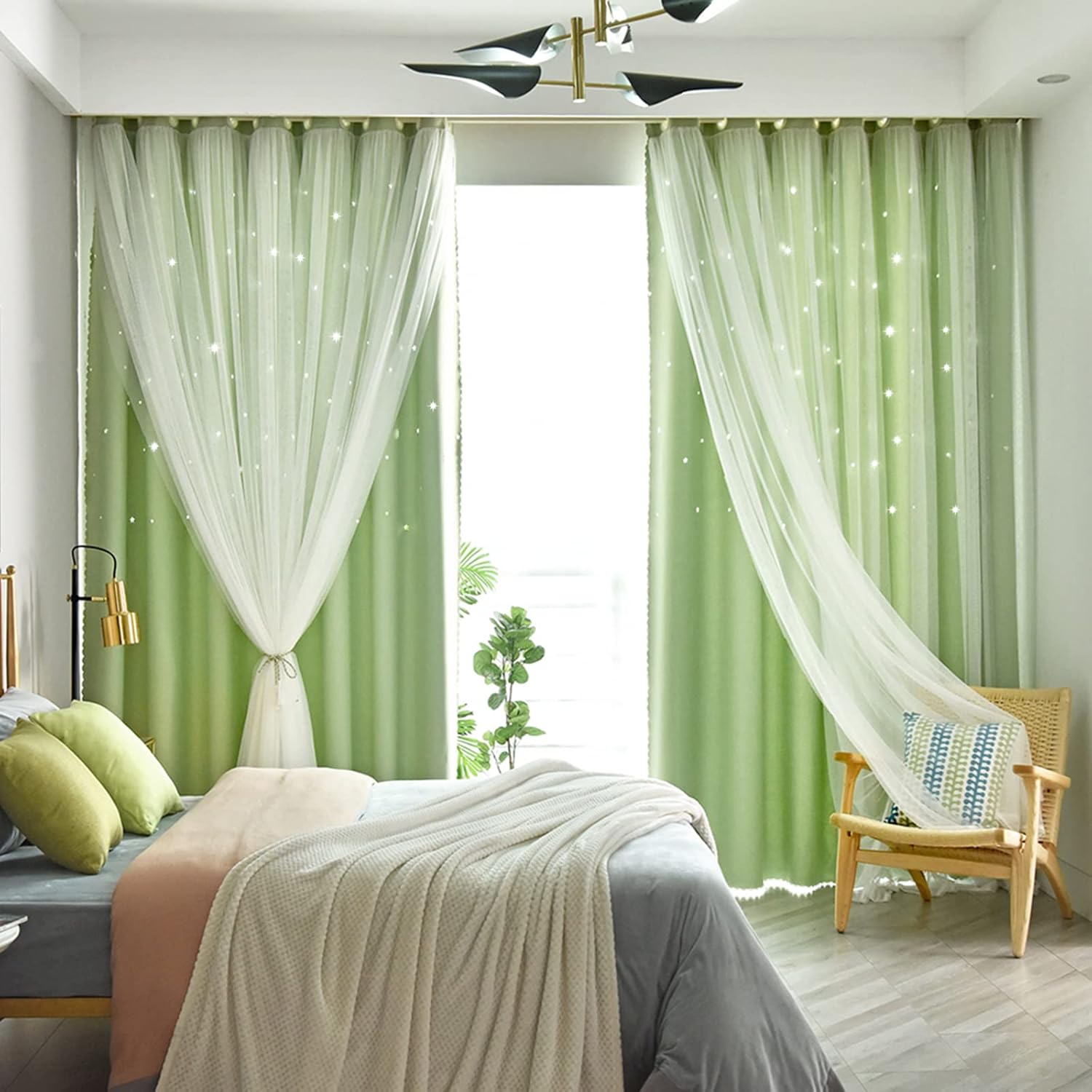 Jilron Cortinas opacas con estrellas huecas para habitaciones de niños, niñas, cortina corta de princesa para decoración de dormitorio de hija,