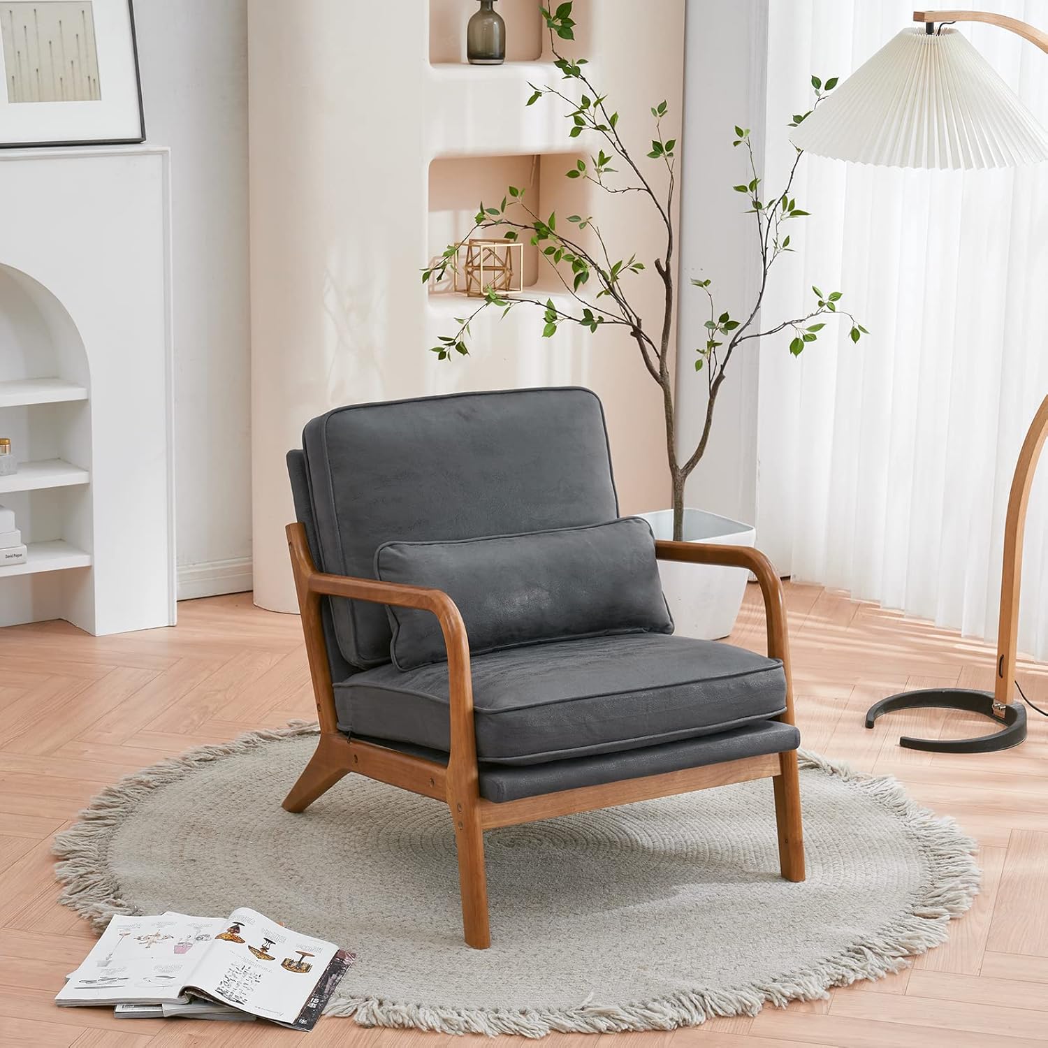 Karl home Silla decorativa moderna de mediados de siglo con almohada de tela bronceadora con marco de madera maciza y cojín suave para sala de