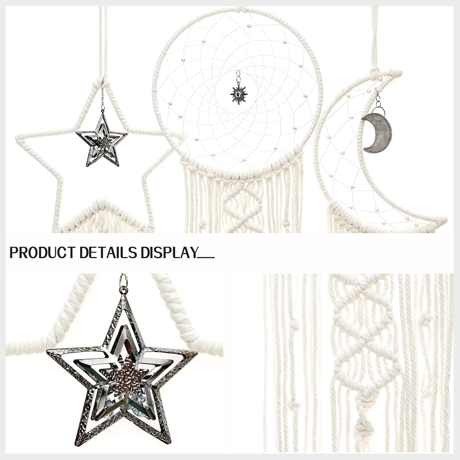 3 piezas atrapasueños Boho FeelfunFeather Luna Sol adorno hecho a mano para dormitorio, adultos, niñas, niños, decoración de pared colgante para el