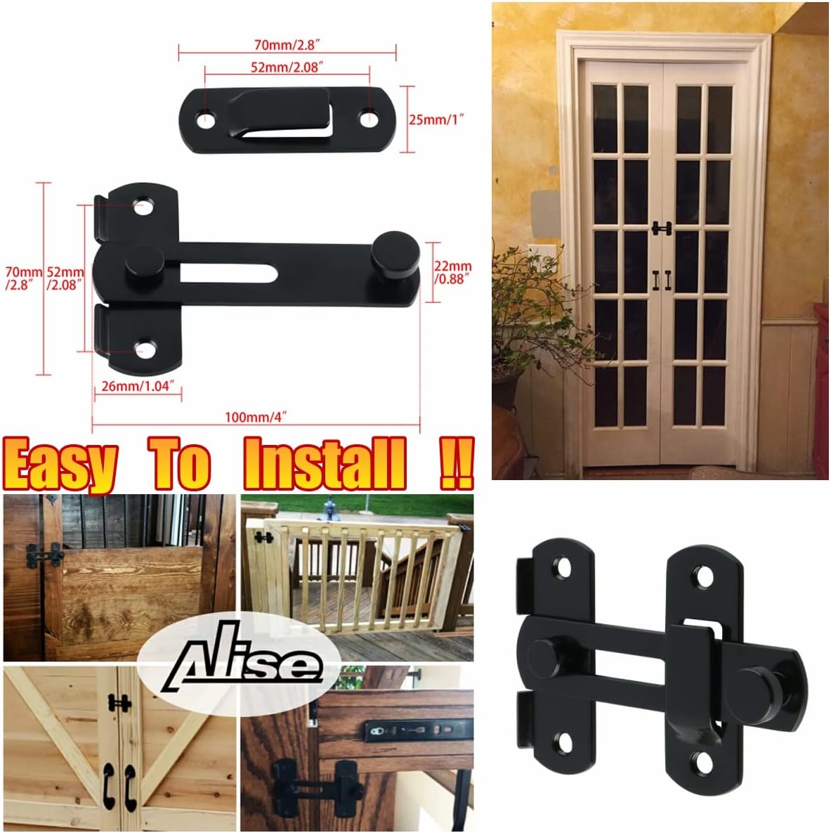 Alise Cerradura de puerta de seguridad para valla de madera de granero MS9500-B, acero inoxidable SUS304 resistente, negro mate
