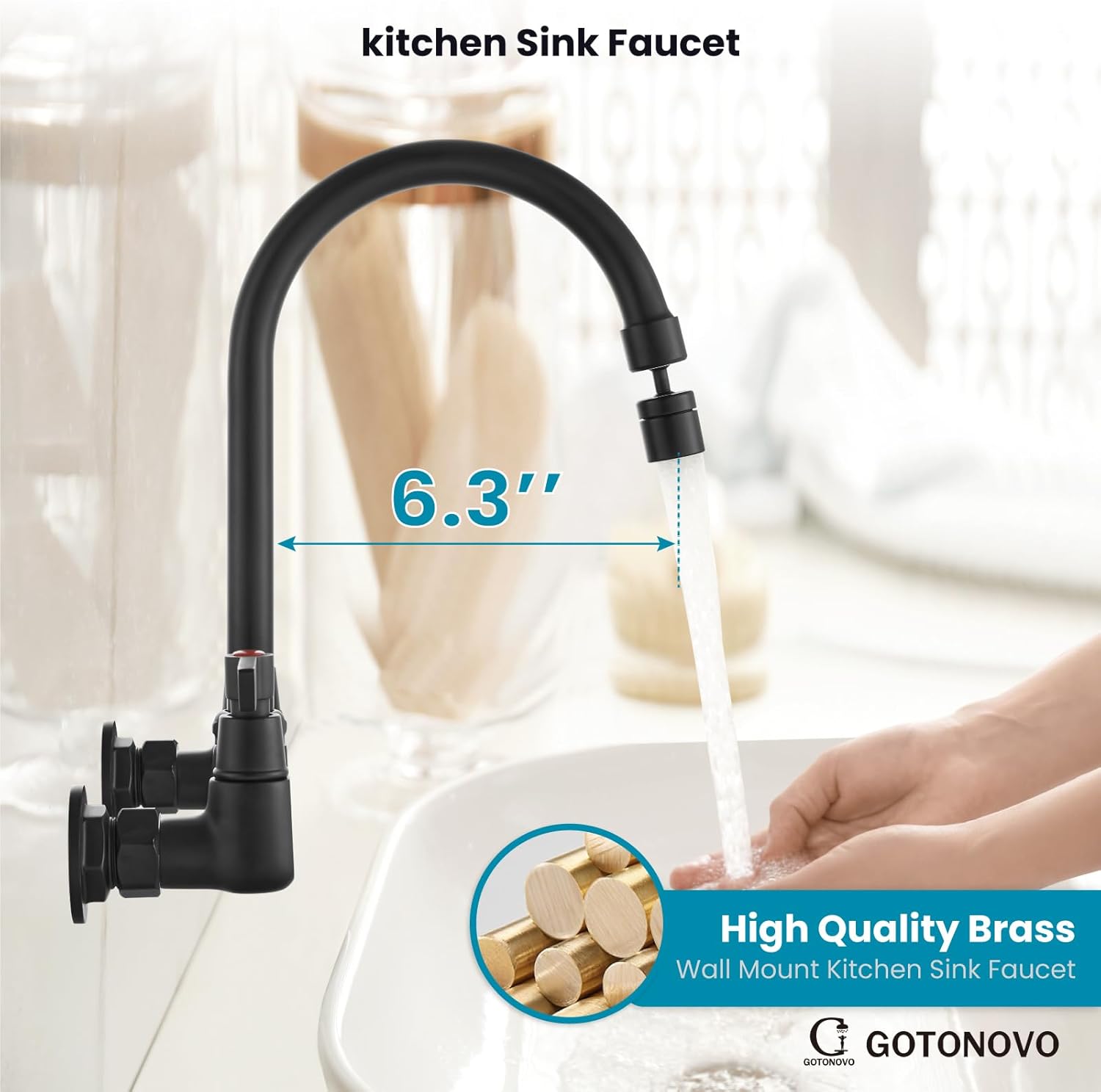 gotonovo Grifo de cocina de montaje en pared negro mate de 8 pulgadas centro ajustable de 360 grados giratorio de 360 grados grifo de fregadero de
