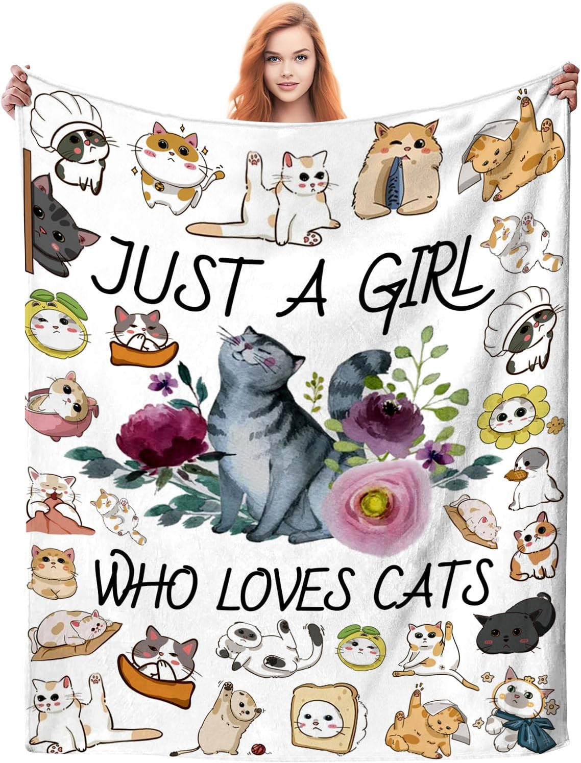Manta de franela ultrasuave con diseño de gato con la frase “Just a Girl Who Loves Cat”, regalos para amantes de los gatos, manta ligera y acogedora